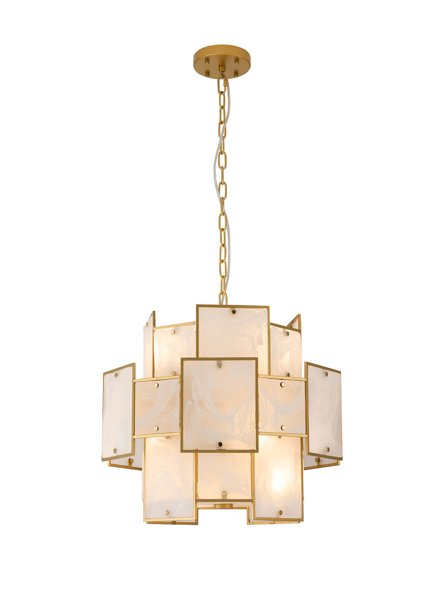 Calyx 45cm Round Pendant/Semi Flush White Glass Alabaster, 7 x E14, 1m Chain, Gold/White Frosted