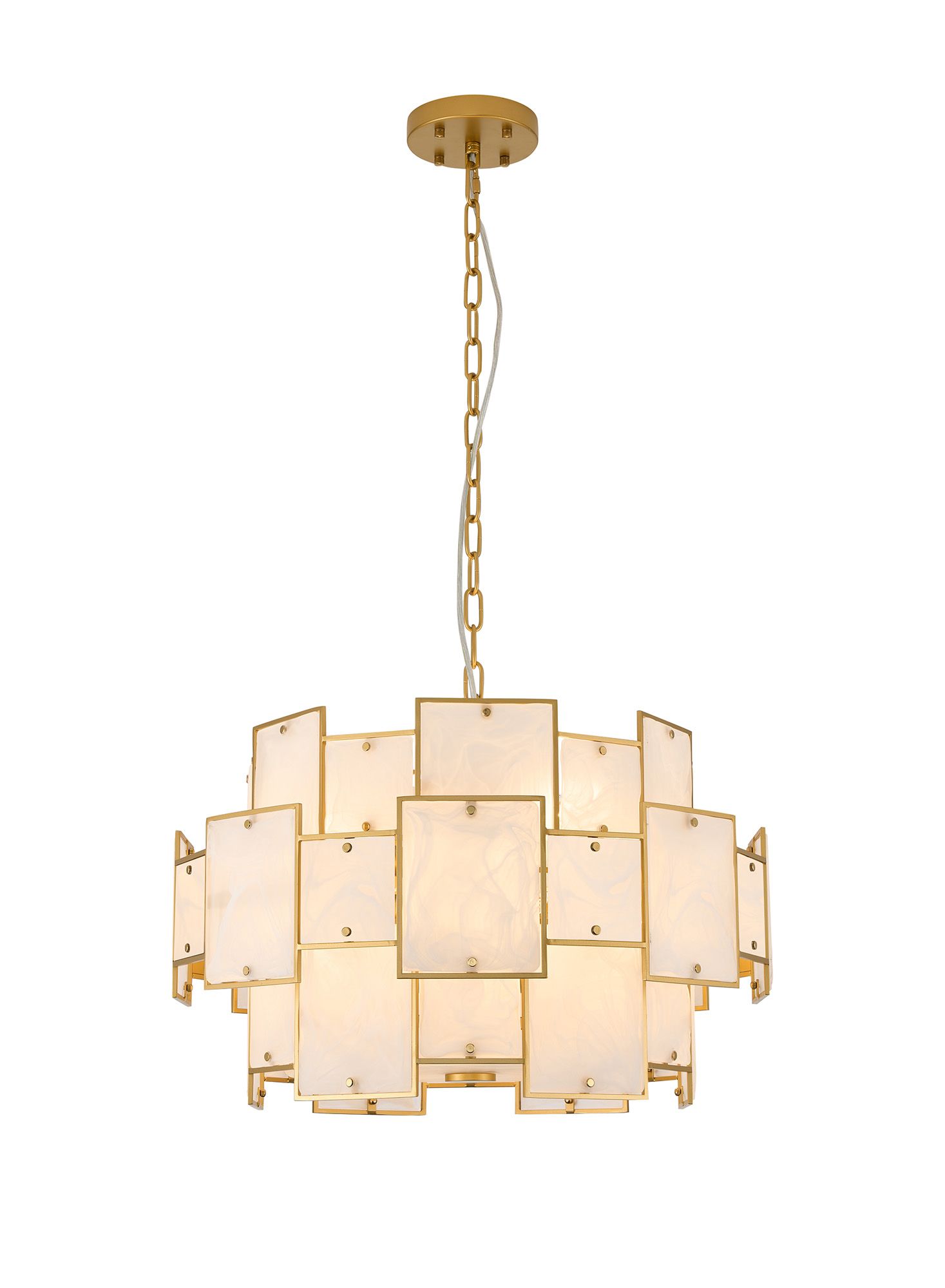 Calyx 59cm Round Pendant/Semi Flush White Glass Alabaster, 12 x E14, 1.5m Chain, Gold/White Frosted, Item Weight: 19kg