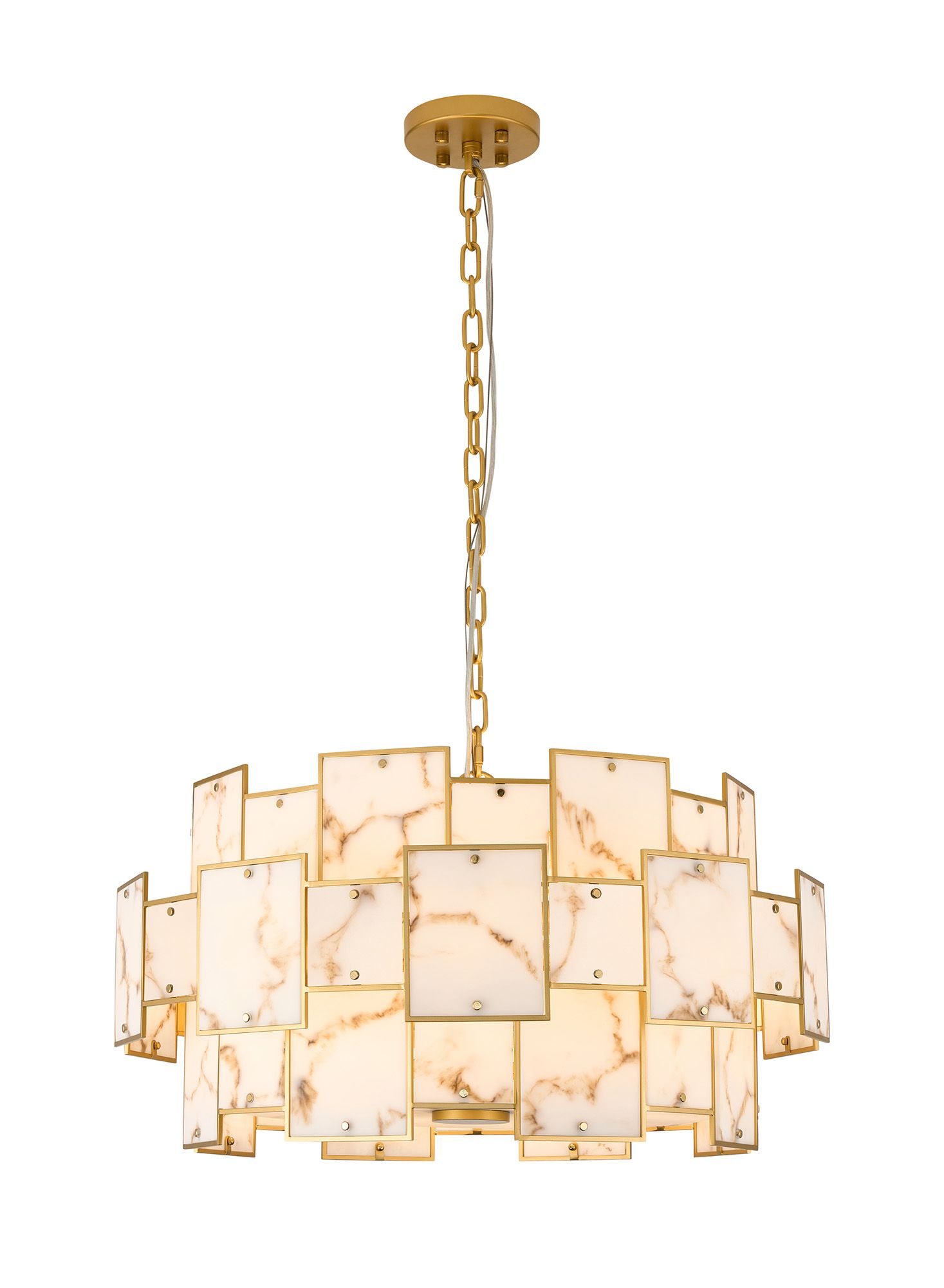 Calyx 74cm Round Pendant/Semi Flush Faux Alabaster, 17 x E14, 2m Chain, Gold/Brown, Item Weight: 20kg