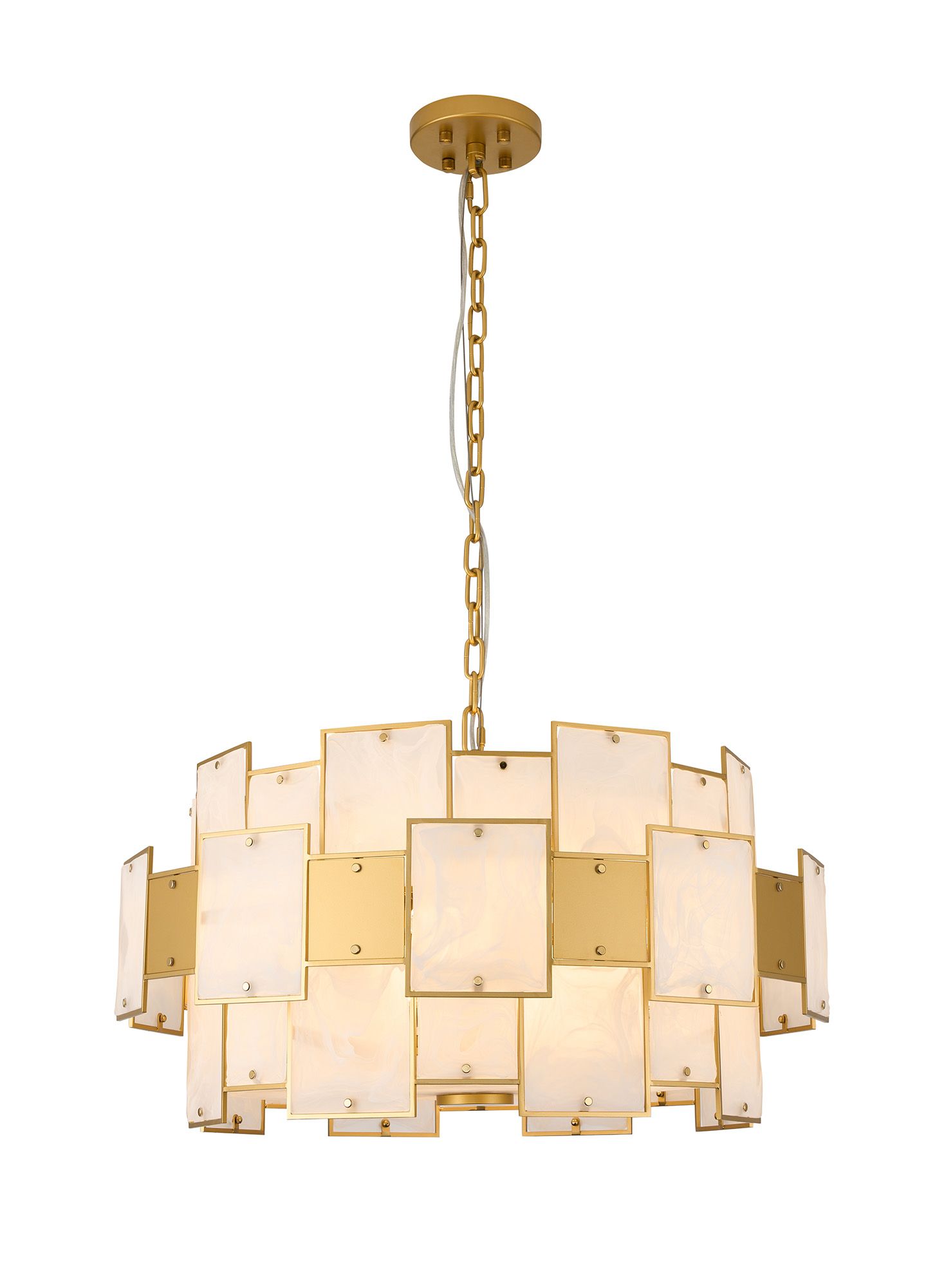 Calyx 74cm Round Pendant/Semi Flush White Glass Alabaster & Metal, 17 x E14, 2m Chain, Gold/White Frosted, Item Weight: 27kg