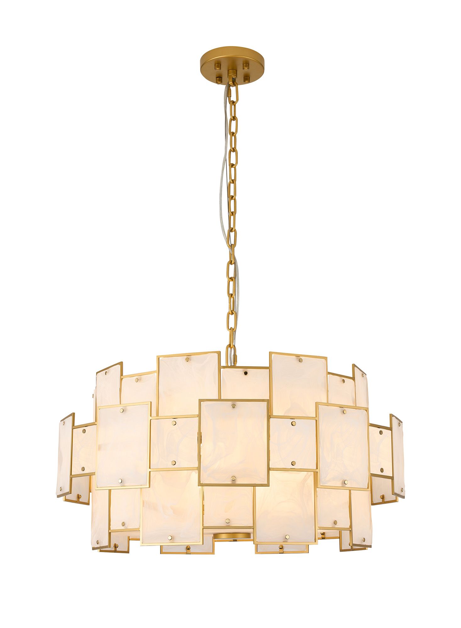 Calyx 74cm Round Pendant/Semi Flush White Glass Alabaster, 17 x E14, 2m Chain, Gold/White Frosted, Item Weight: 28kg