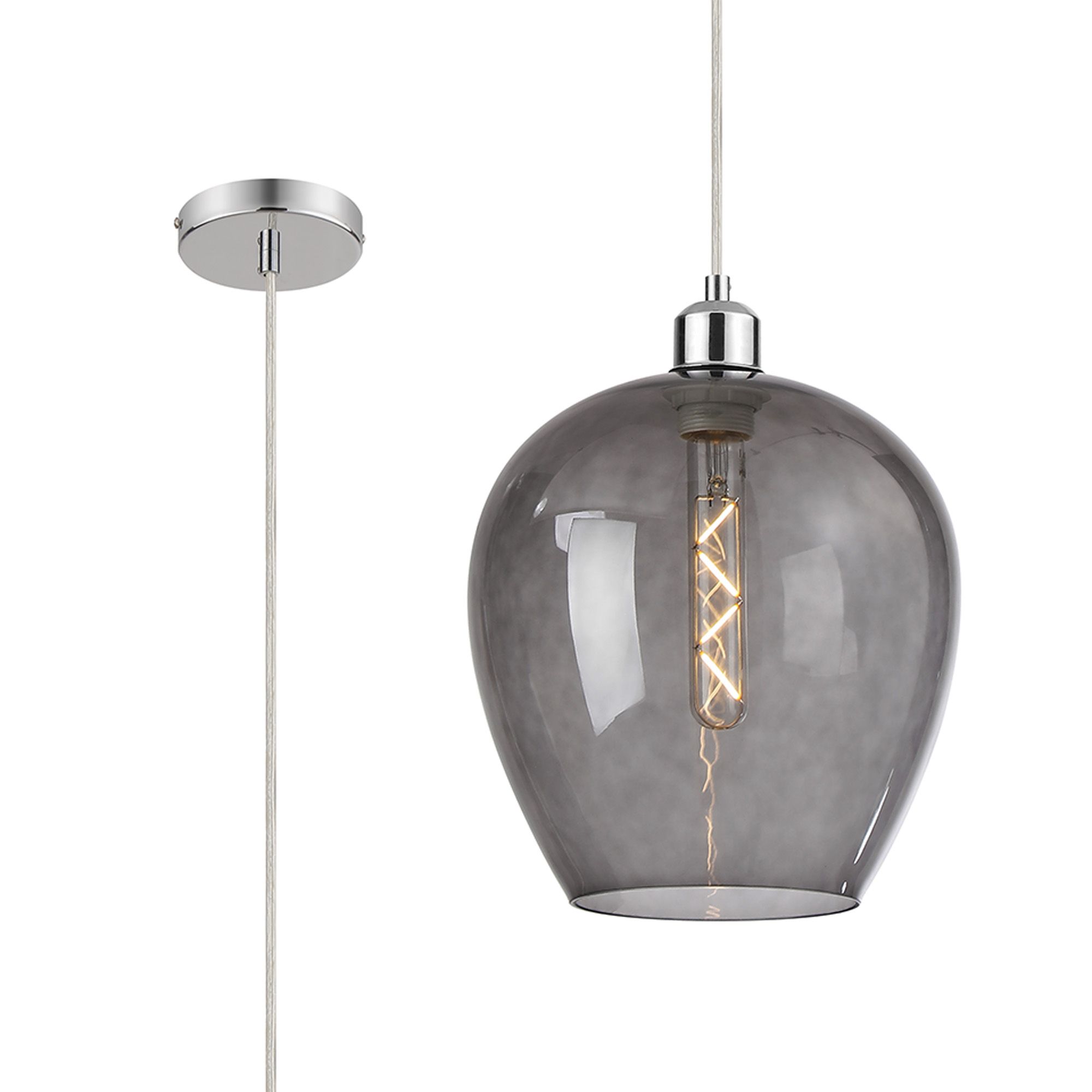 Cawdor Single Pendant, 1 Light E27, Polished Chrome/Clear/Smoke Wine Glass