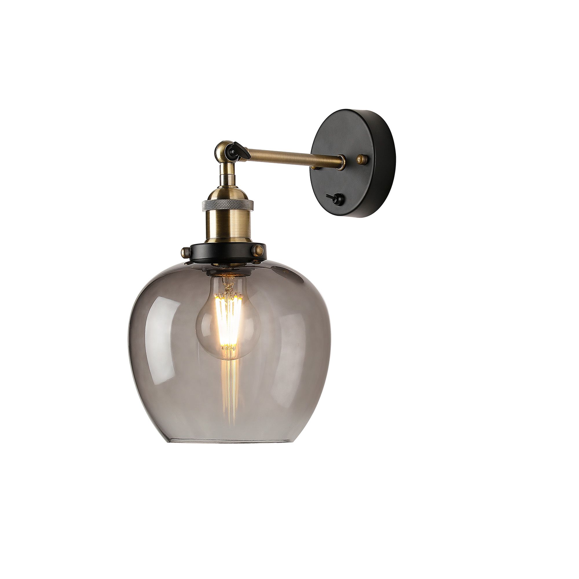 Cawdor Wall Light, 1 Light E27, Antique Brass/Black/Smoke Wine Glass