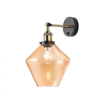 Cawdor Wall Light, 1 Light E27, Antique Brass/Black/Amber Diamond Glass