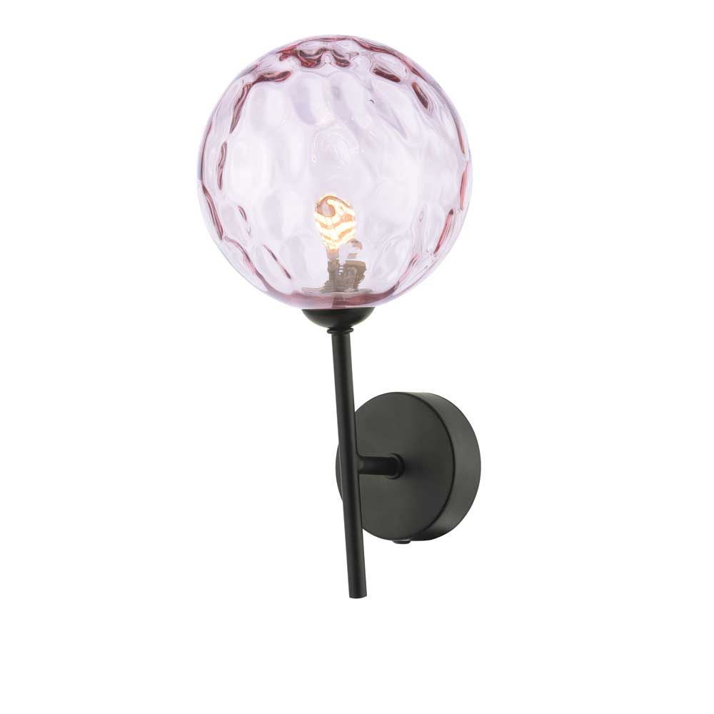 Alegría 1 Light G9 Matt Black Wall Light With Pull Switch C/W Pink Dimpled Glass Shade