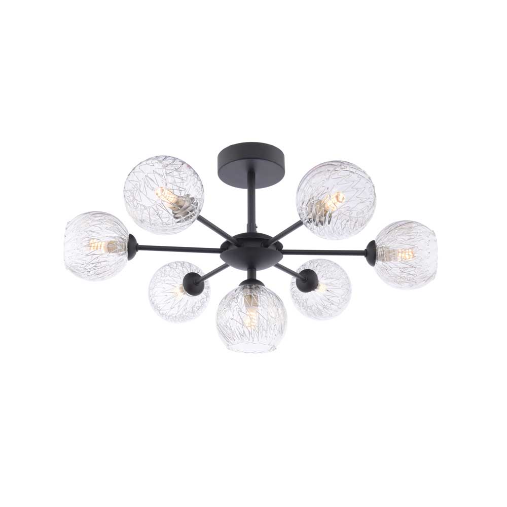 Alegría 7 Light G9 Matt Black Semi Flush Fitting C/W Clear Glass Shade & Inner Wire Detail