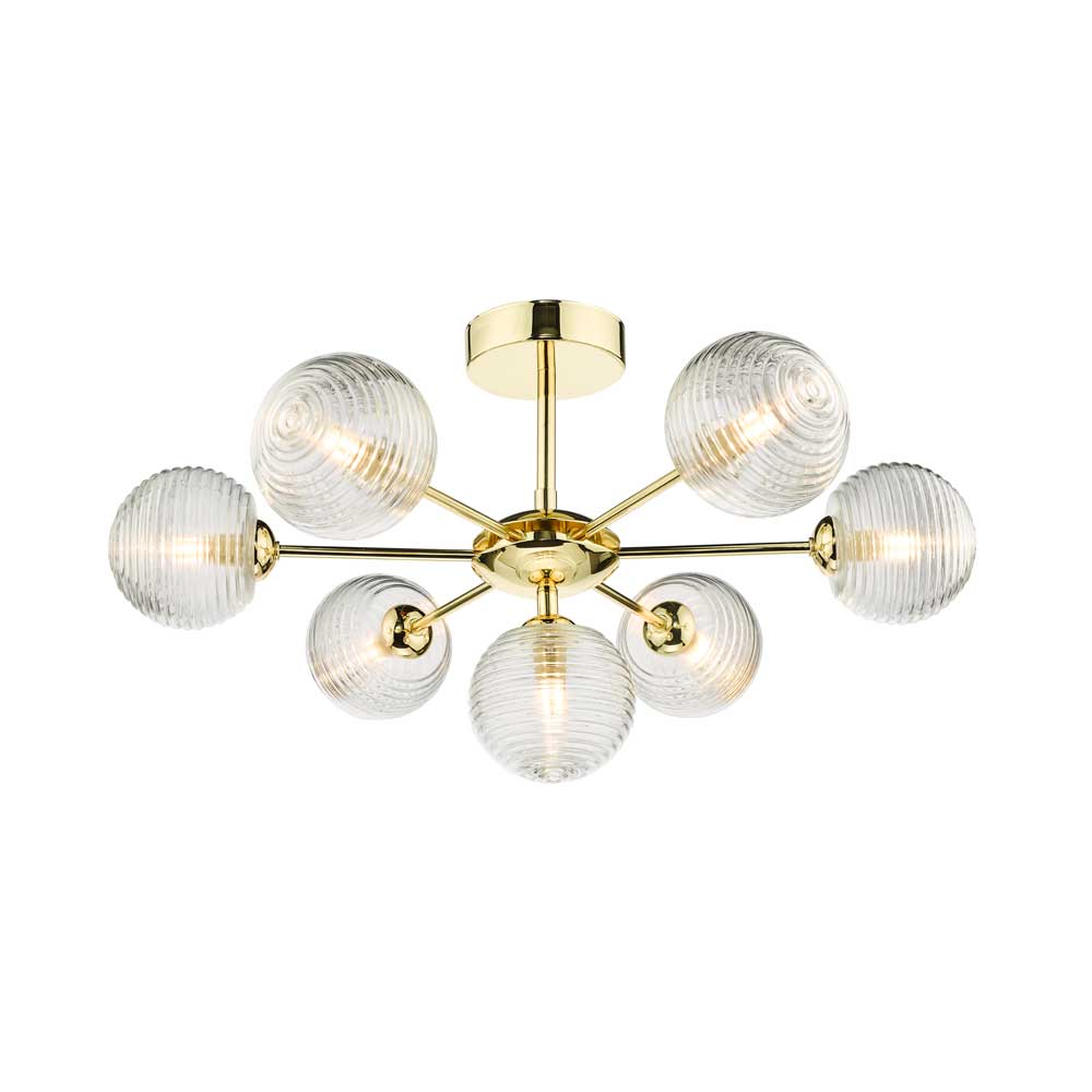 Alegría 7 Light G9 Polished Gold Semi Flush Fitting C/W Clear Closed Ribbed Glass Shades