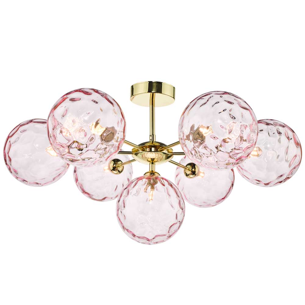 Alegría 7 Light G9 Polished Gold Semi Flush Fitting C/W Pink Dimpled Glass Shades