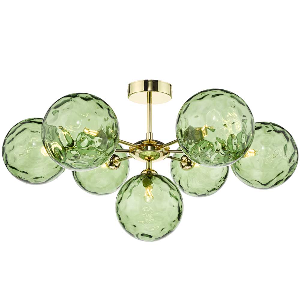 Alegría 7 Light G9 Polished Gold Semi Flush Fitting C/W Green Dimpled Glass Shades