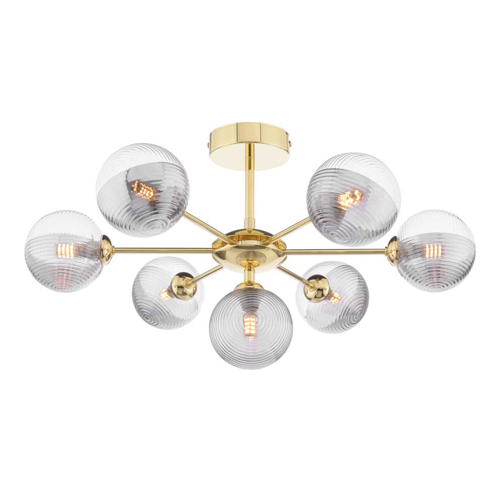 Alegría 7 Light G9 Polished Gold Semi Flush Fitting C/W 10cm Smoked & Clear Ribbed Glass Shade