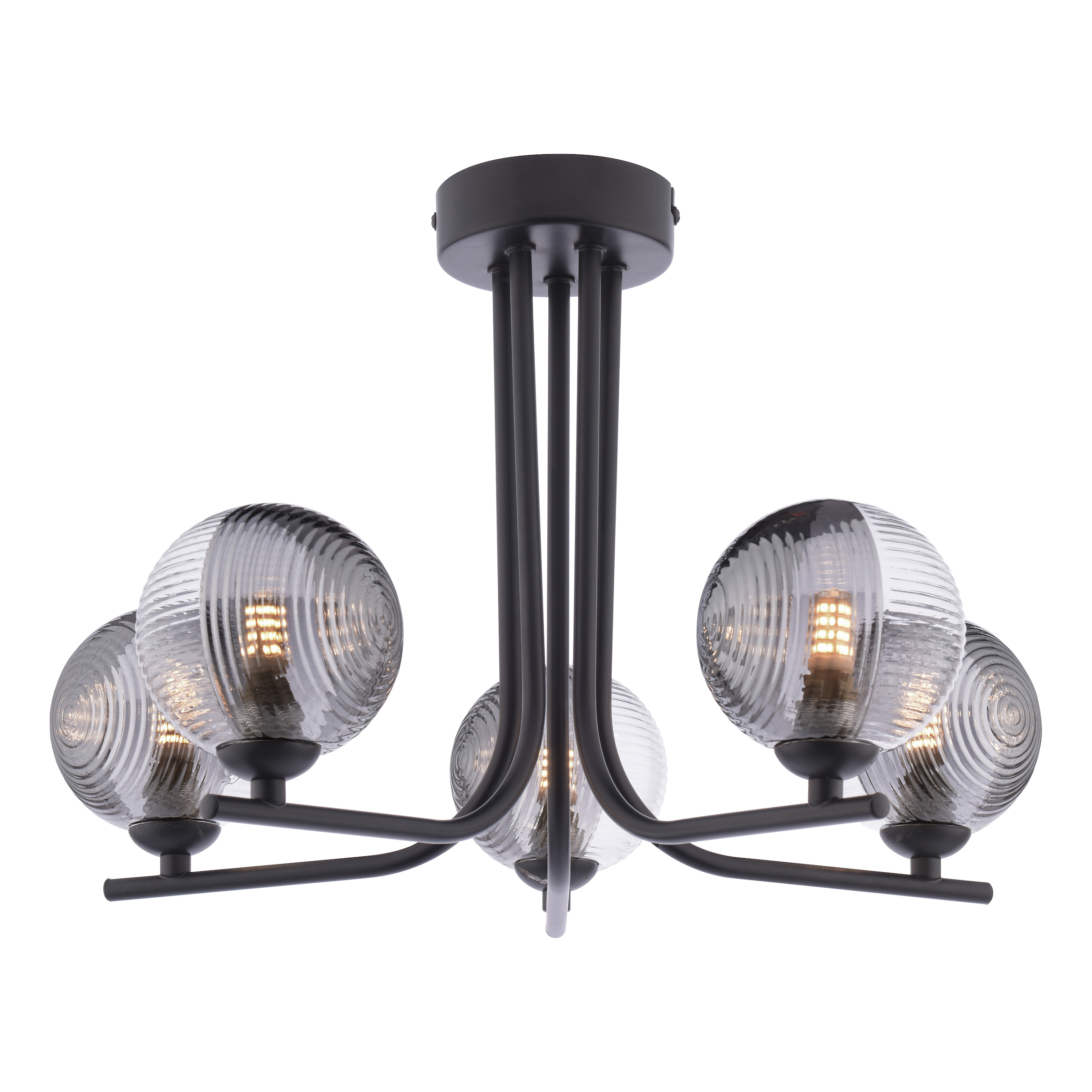 Pasión 5 Light G9 Matt Black Semi Flush Ceiling Light C/W Smoked & Clear Ribbed Glass Shades