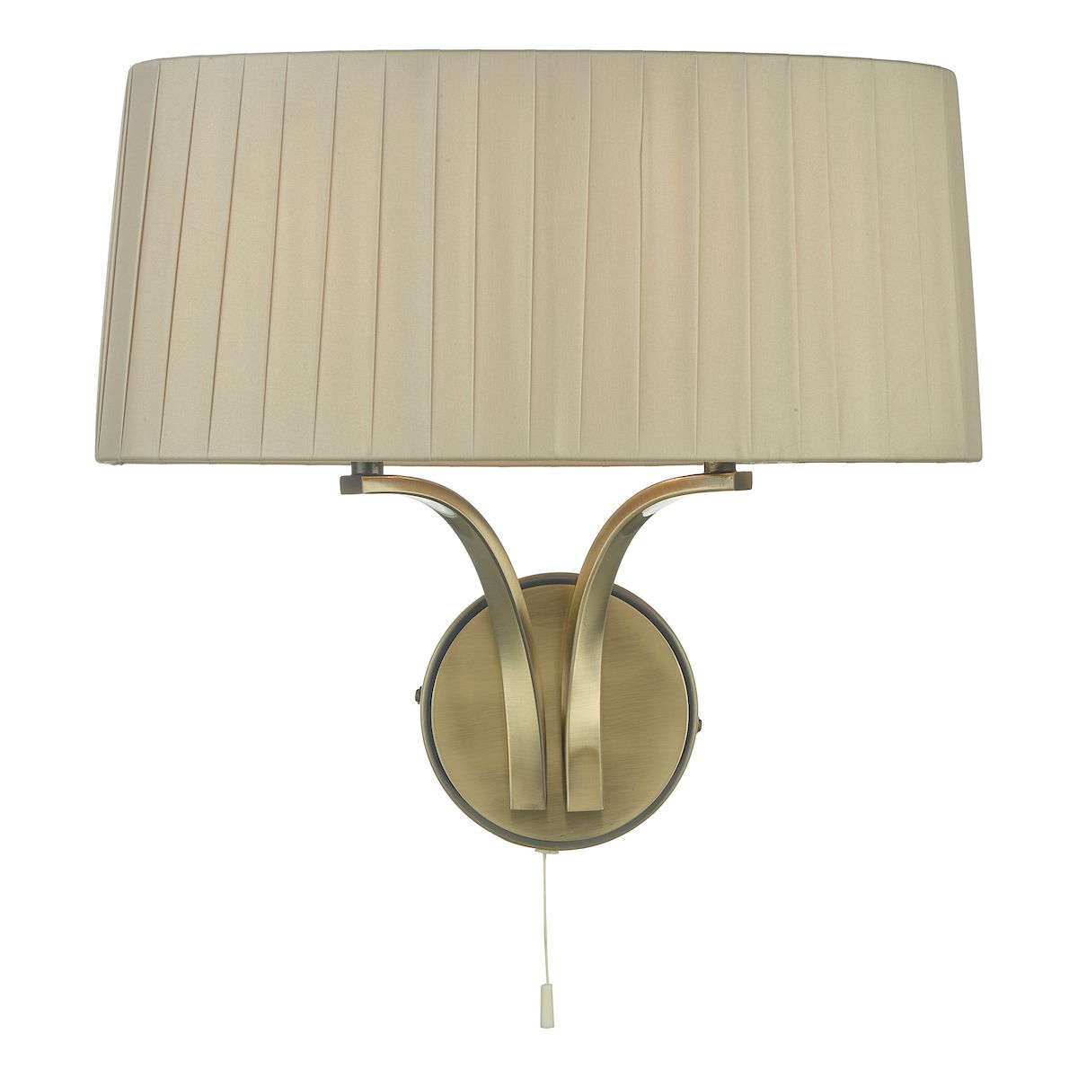 Vibrante 2 Light E14 Antique Brass Wall Light With Pull Cord Switch C/W Taupe Faux Silk Ribbon Shade