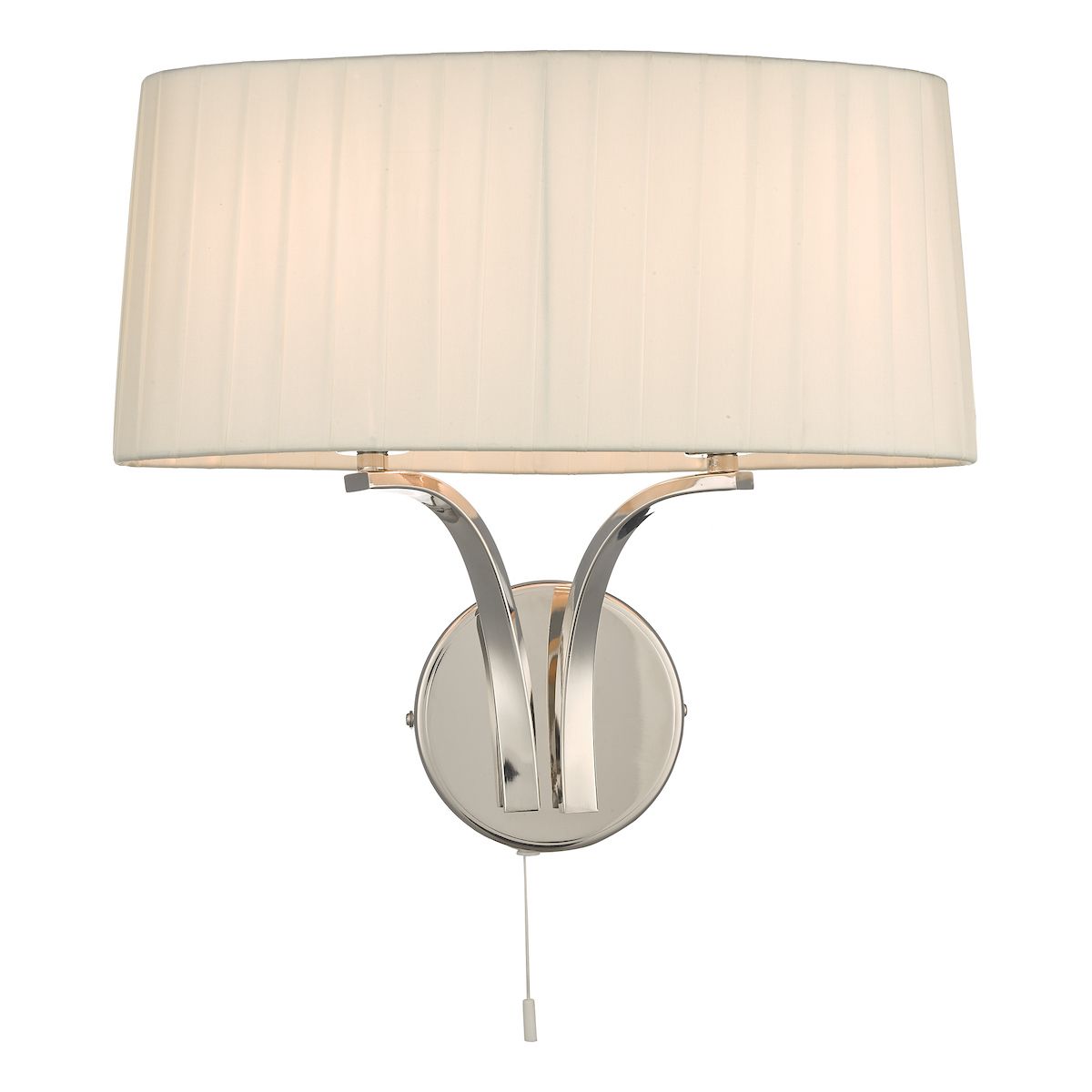 Vibrante 2 Light E14 Polished Nickel Wall Light With Pull Cord Switch C/W Conocimiento Faux Silk Ribbon Shade