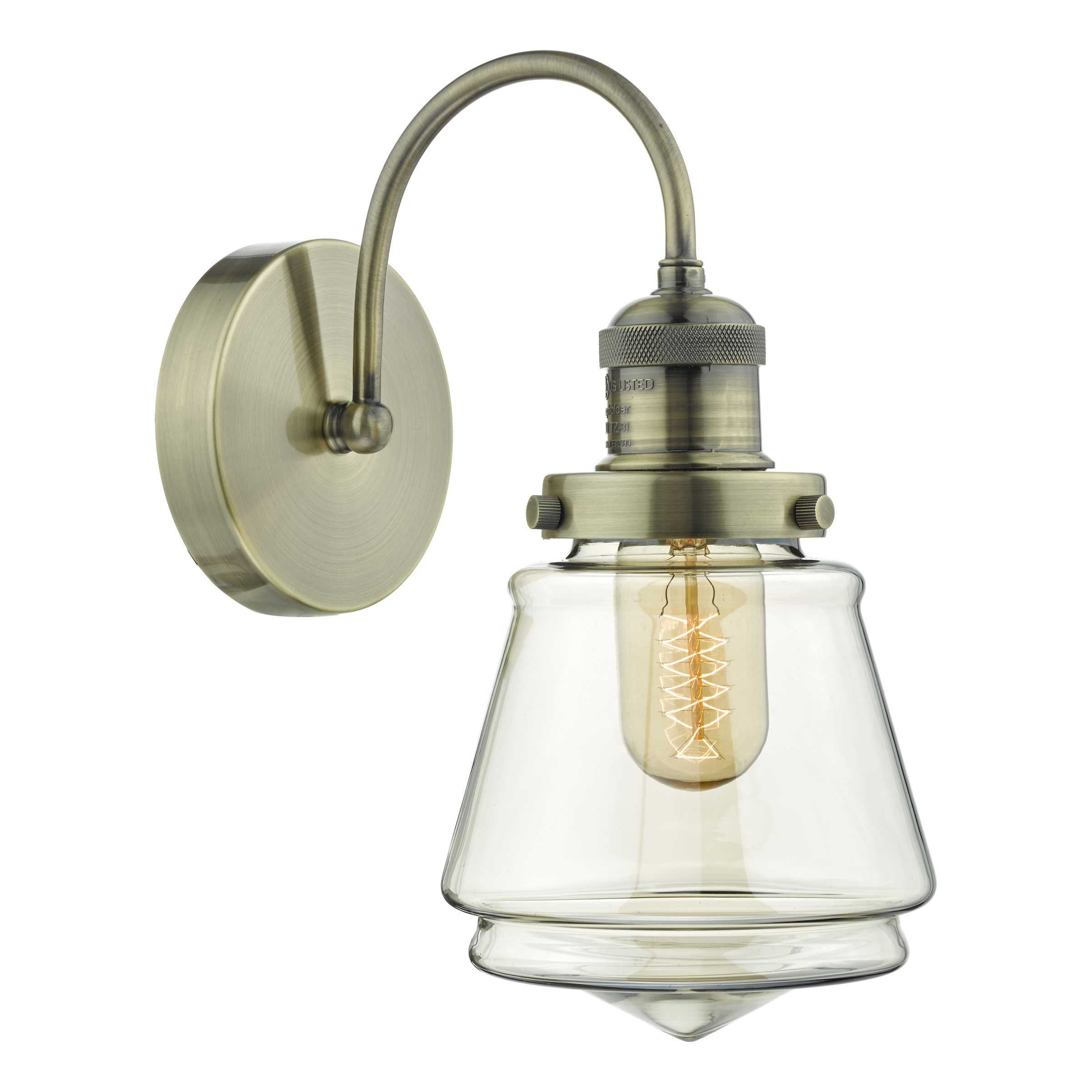 Renacer 1 Light E27 Antique Brass Wall Light With Pull Switch C/W Champagne Glass Shade