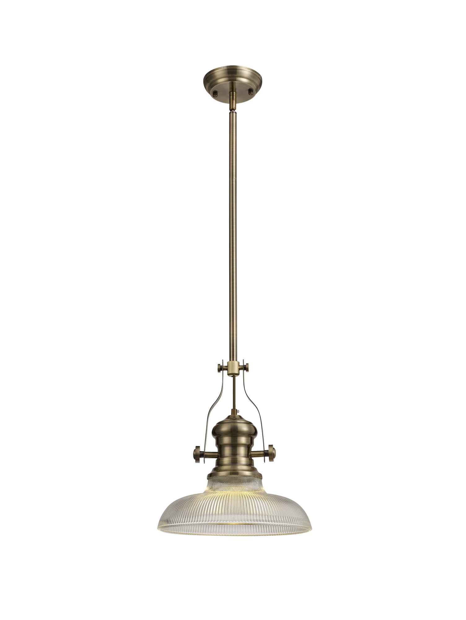 Davvid 1 Light Multi Height Pendant E27 With 30cm Round Glass Shade, Antique Brass/Clear