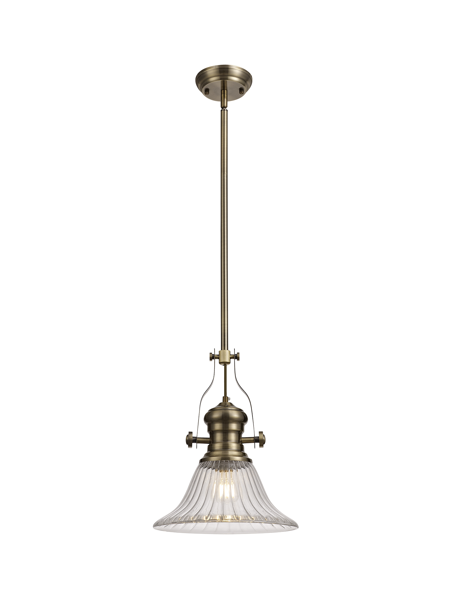 Davvid 1 Light Multi Height Pendant E27 With 30cm Bell Glass Shade, Antique Brass/Clear