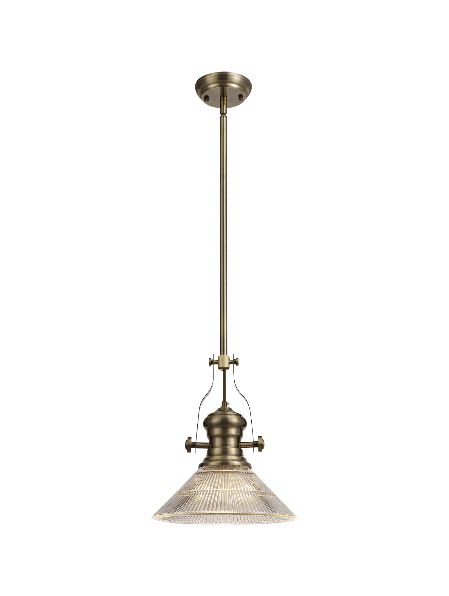 Davvid 1 Light Multi Height Pendant E27 With 30cm Cone Glass Shade, Antique Brass/Clear