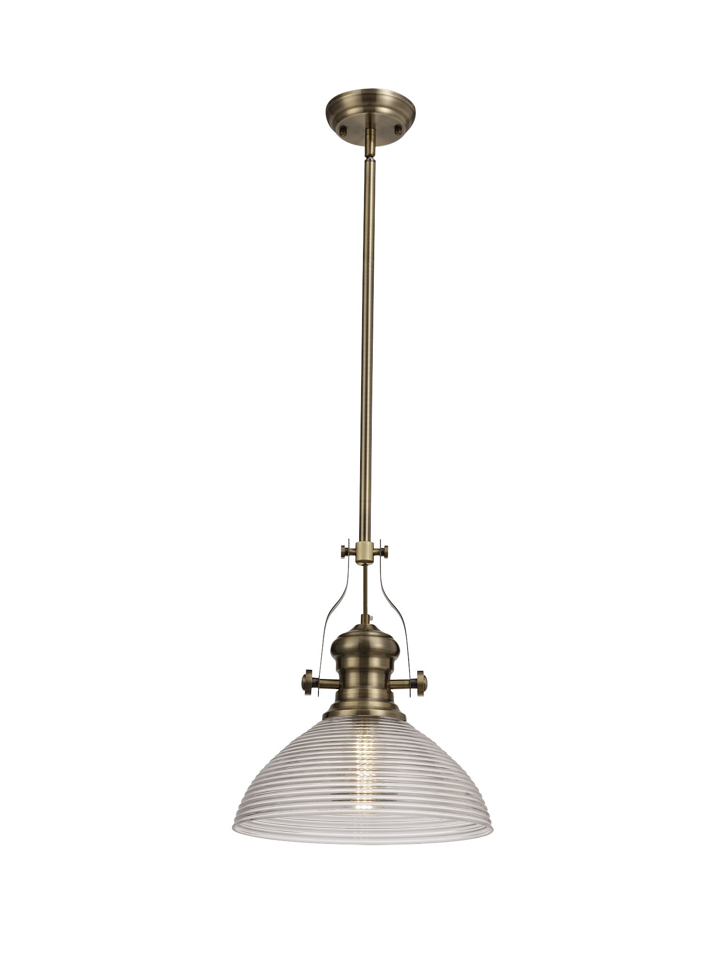 Davvid 1 Light Multi Height Pendant E27 With 33.5cm Prismatic Glass Shade, Antique Brass/Clear
