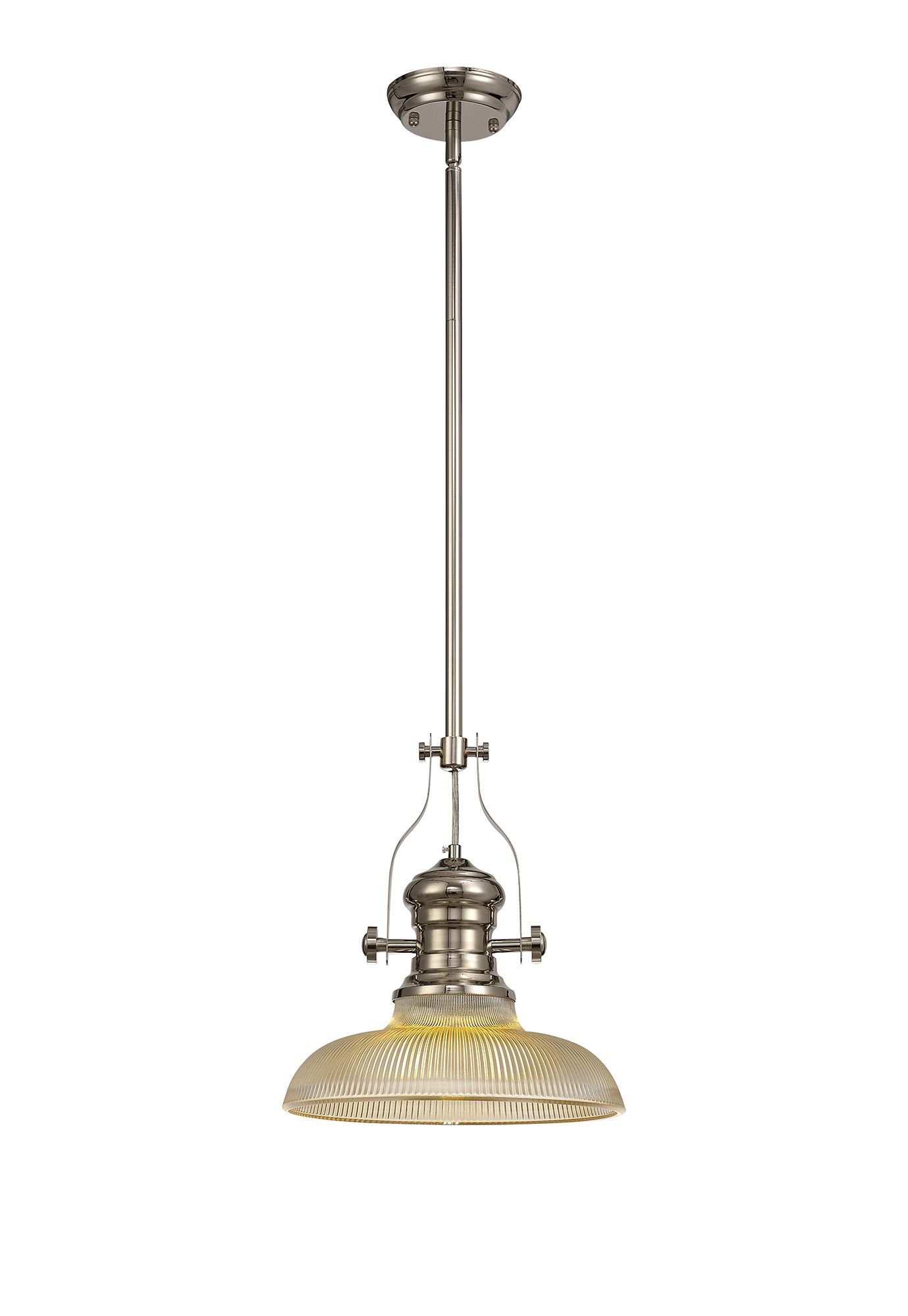 Davvid 1 Light Multi Height Pendant E27 With 30cm Round Glass Shade, Polished Nickel/Amber