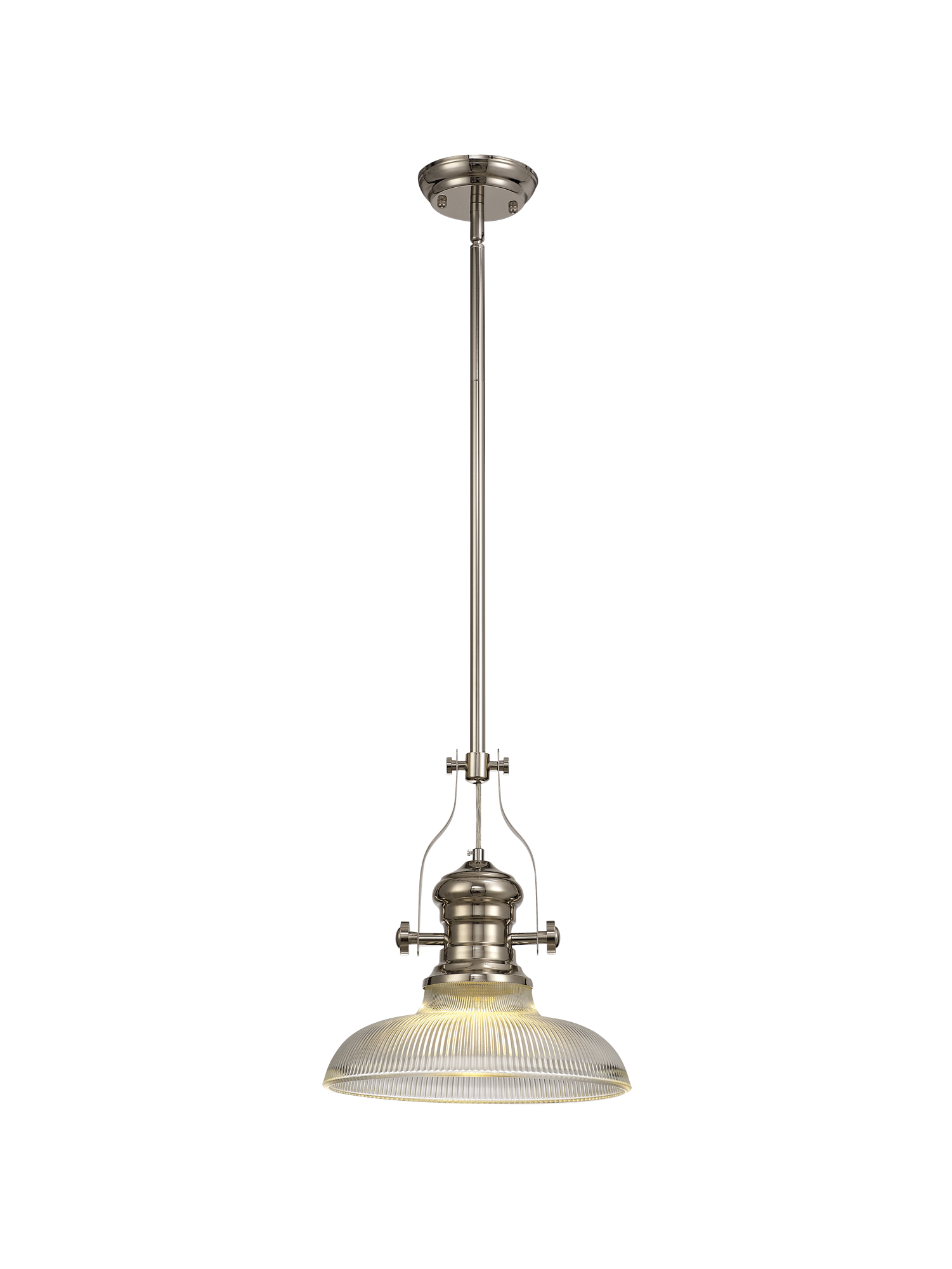 Davvid 1 Light Multi Height Pendant E27 With 30cm Round Glass Shade, Polished Nickel/Clear