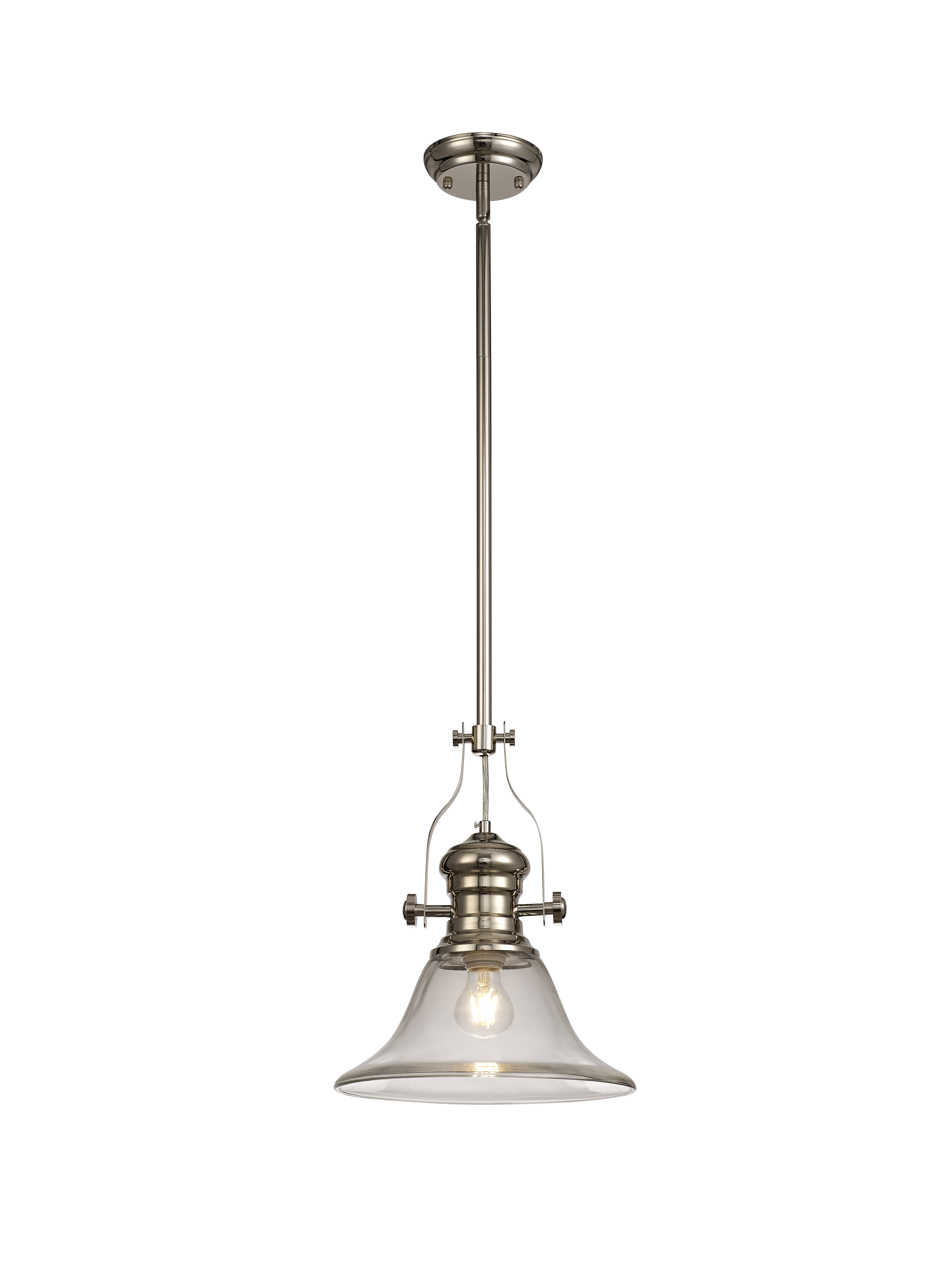 Davvid 1 Light Multi Height Pendant E27 With 30cm Smooth Bell Glass Shade, Polished Nickel/Clear