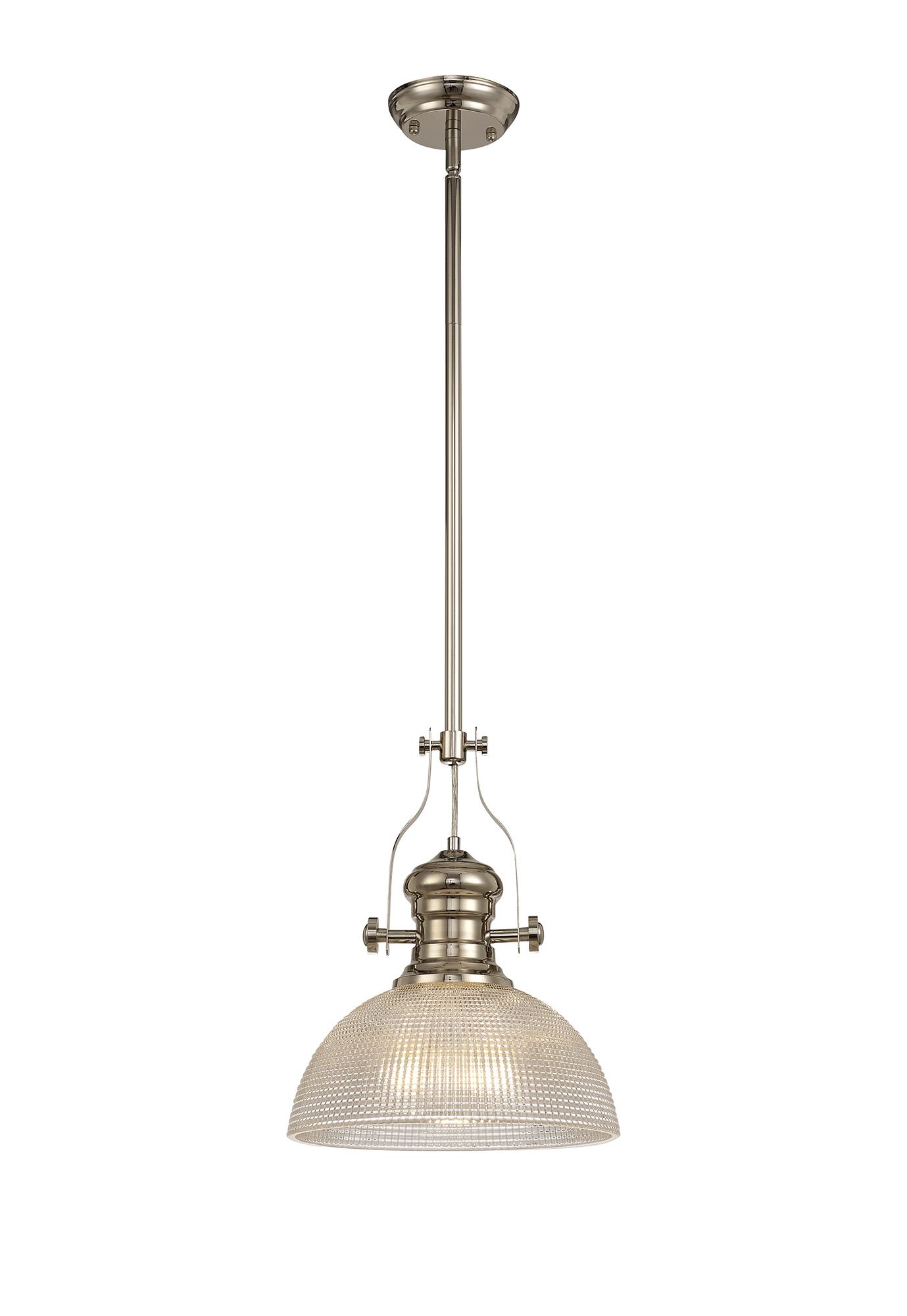 Davvid 1 Light Multi Height Pendant E27 With 30cm Prismatic Glass Shade, Polished Nickel/Clear