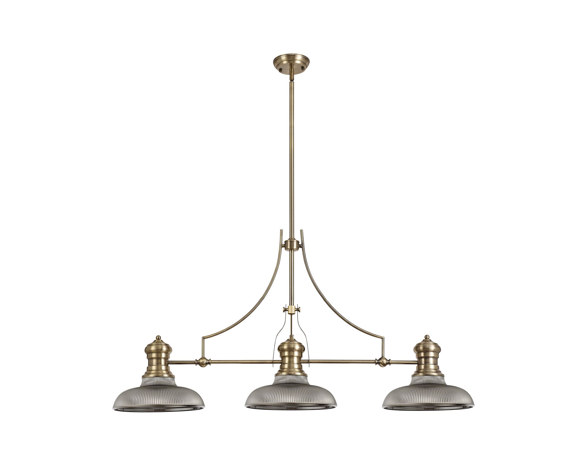 Davvid 3 Light Linear Multi Height Pendant E27 With 30cm Round Glass Shade, Antique Brass, Smoked