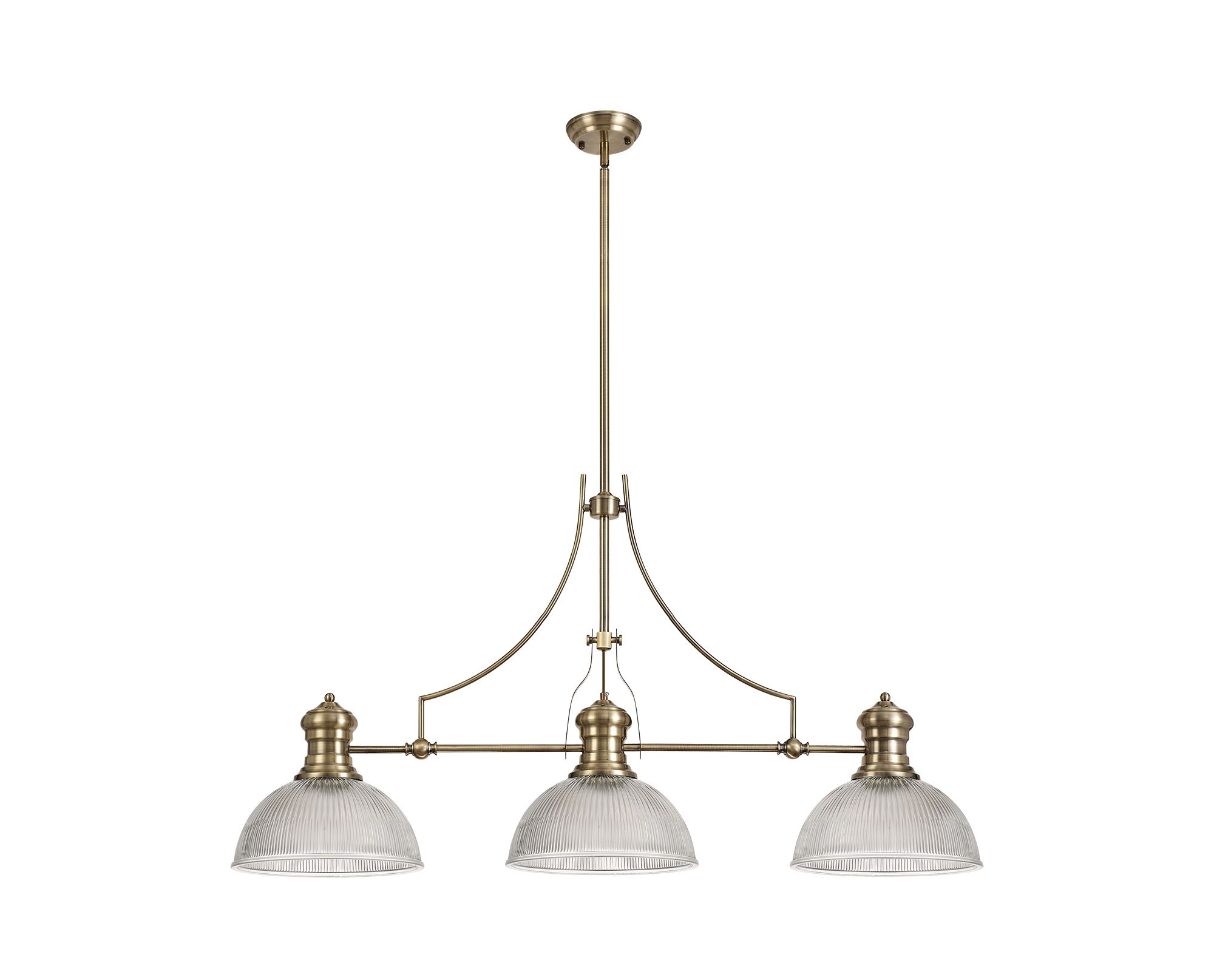 Davvid 3 Light Linear Multi Height Pendant E27 With 30cm Dome Glass Shade, Antique Brass, Clear