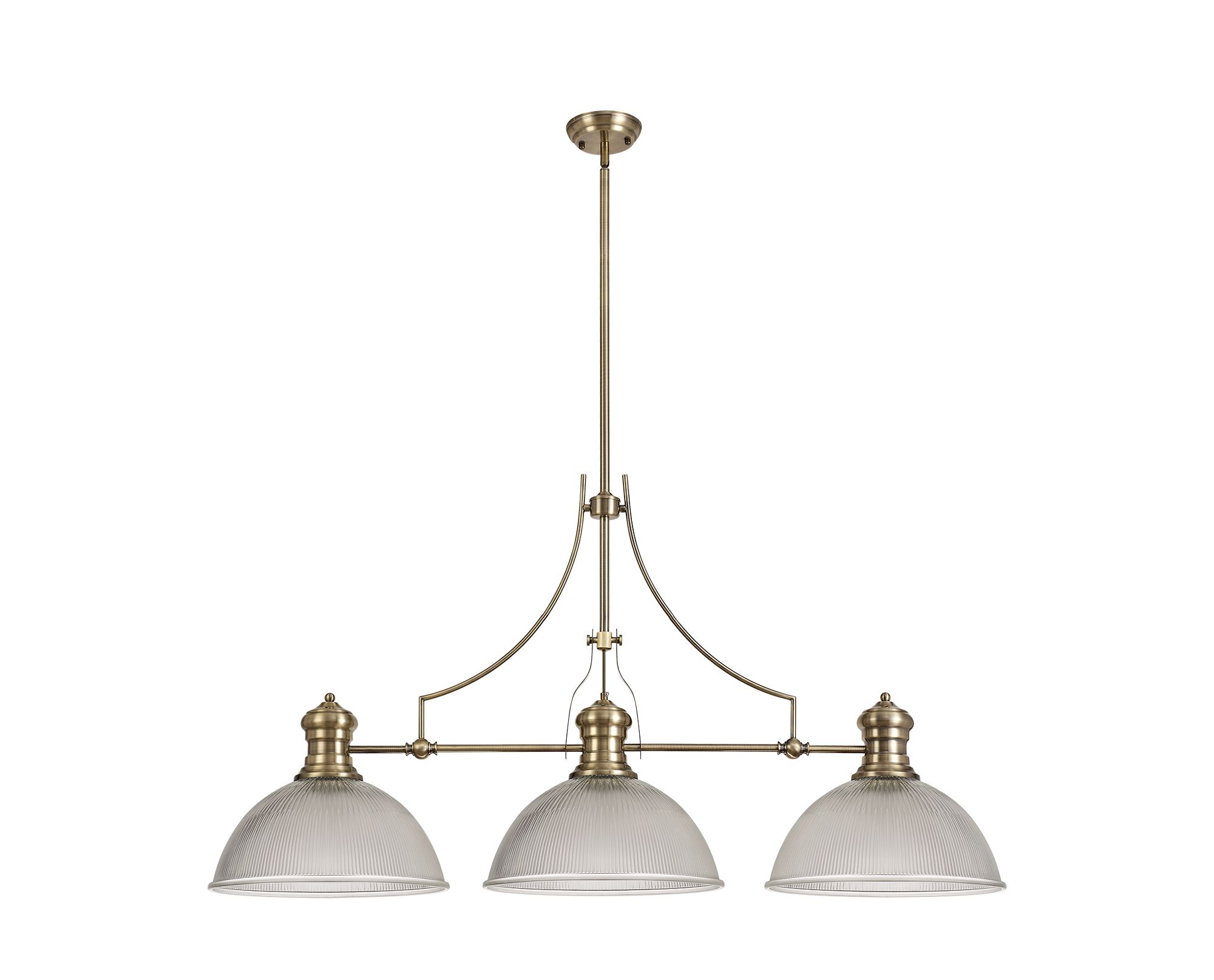 Davvid 3 Light Linear Multi Height Pendant E27 With 38cm Dome Glass Shade, Antique Brass, Clear