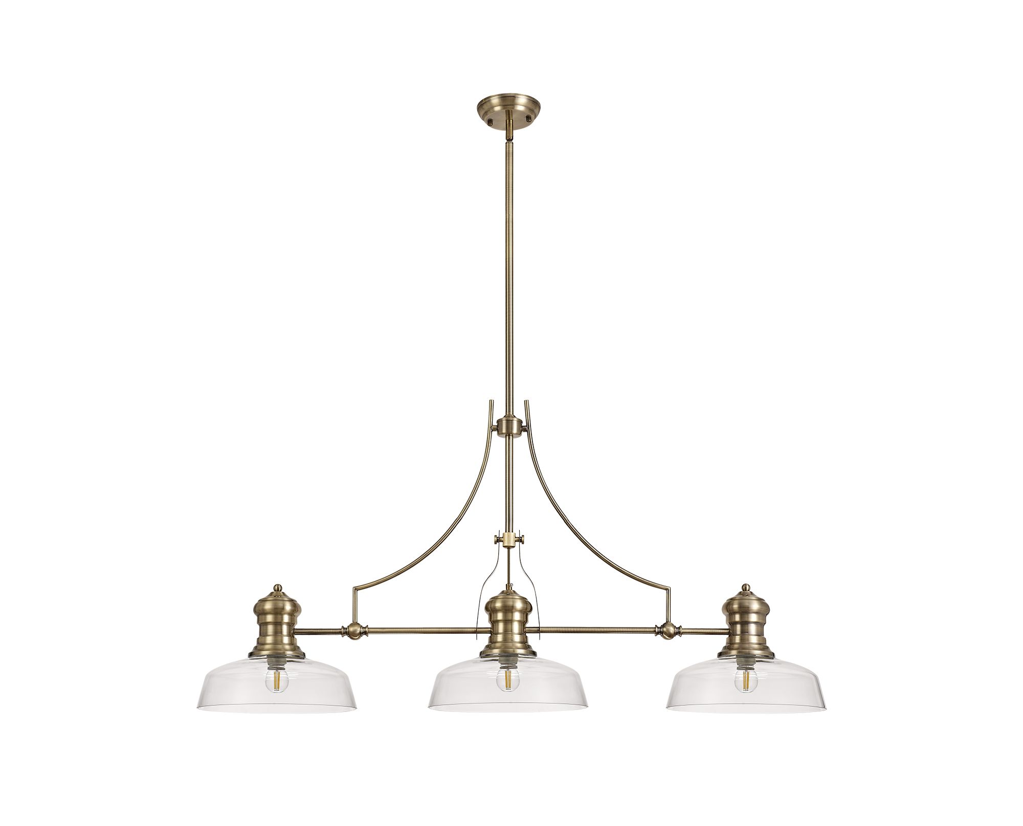 Davvid 3 Light Linear Multi Height Pendant E27 With 30cm Flat Round Glass Shade, Antique Brass, Clear