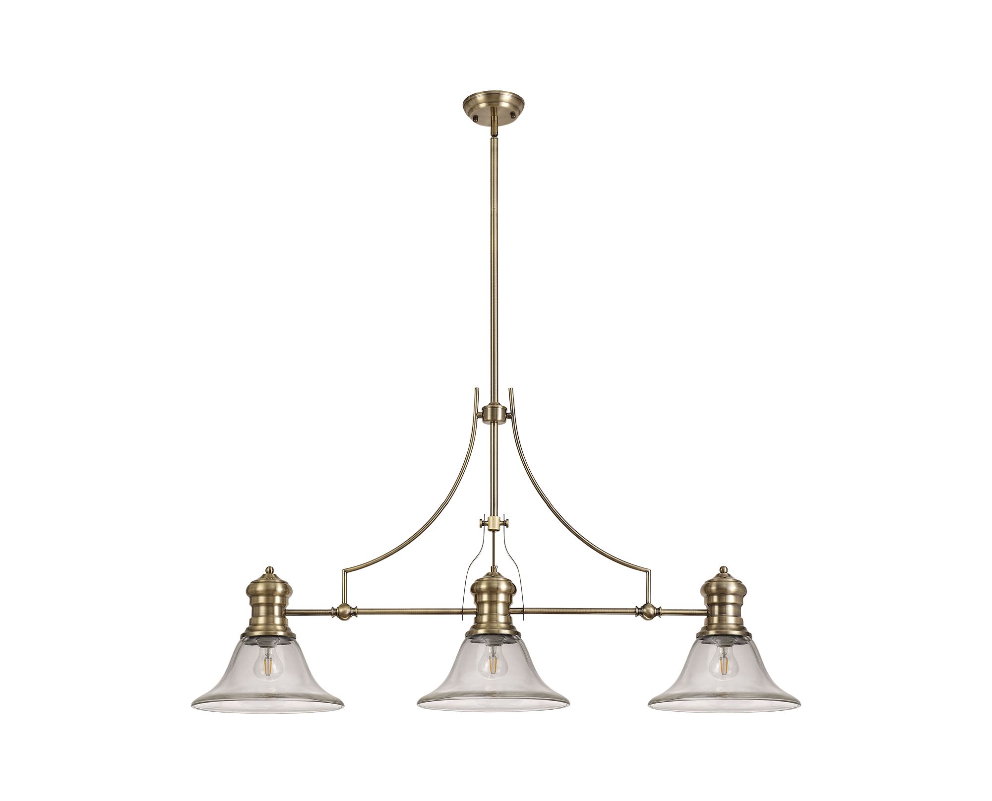 Davvid 3 Light Linear Multi Height Pendant E27 With 30cm Smooth Bell Glass Shade, Antique Brass, Clear