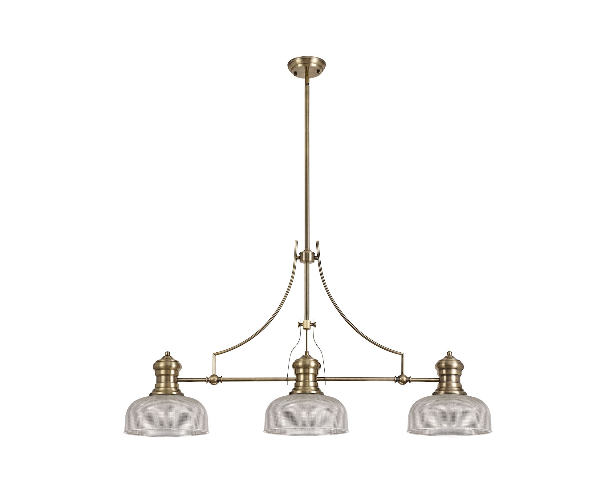 Davvid 3 Light Linear Multi Height Pendant E27 With 26.5cm Prismatic Glass Shade, Antique Brass, Clear