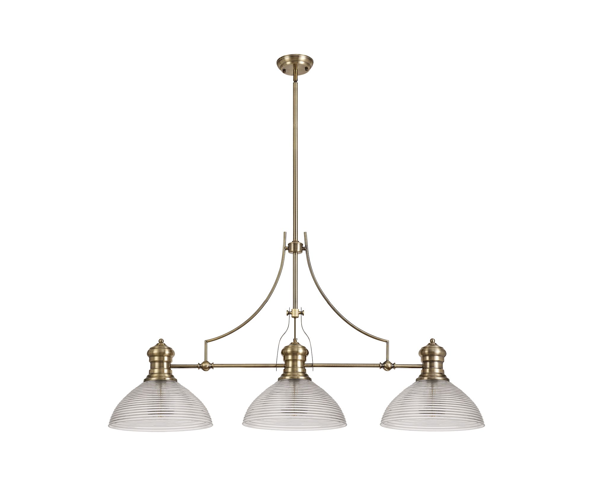 Davvid 3 Light Linear Multi Height Pendant E27 With 33.5cm Prismatic Glass Shade, Antique Brass, Clear