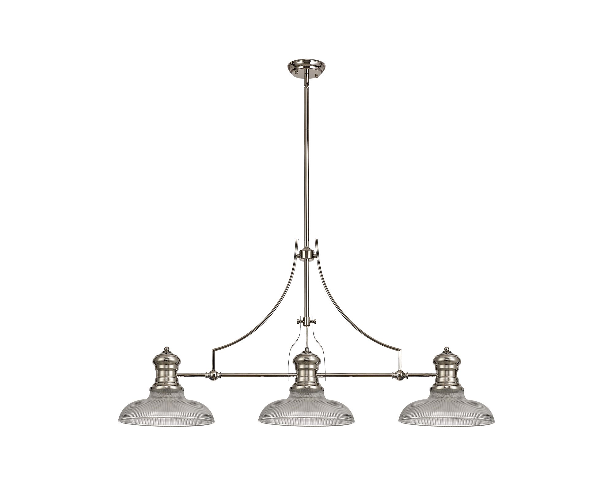 Davvid 3 Light Linear Multi Height Pendant E27 With 30cm Round Glass Shade, Polished Nickel, Clear