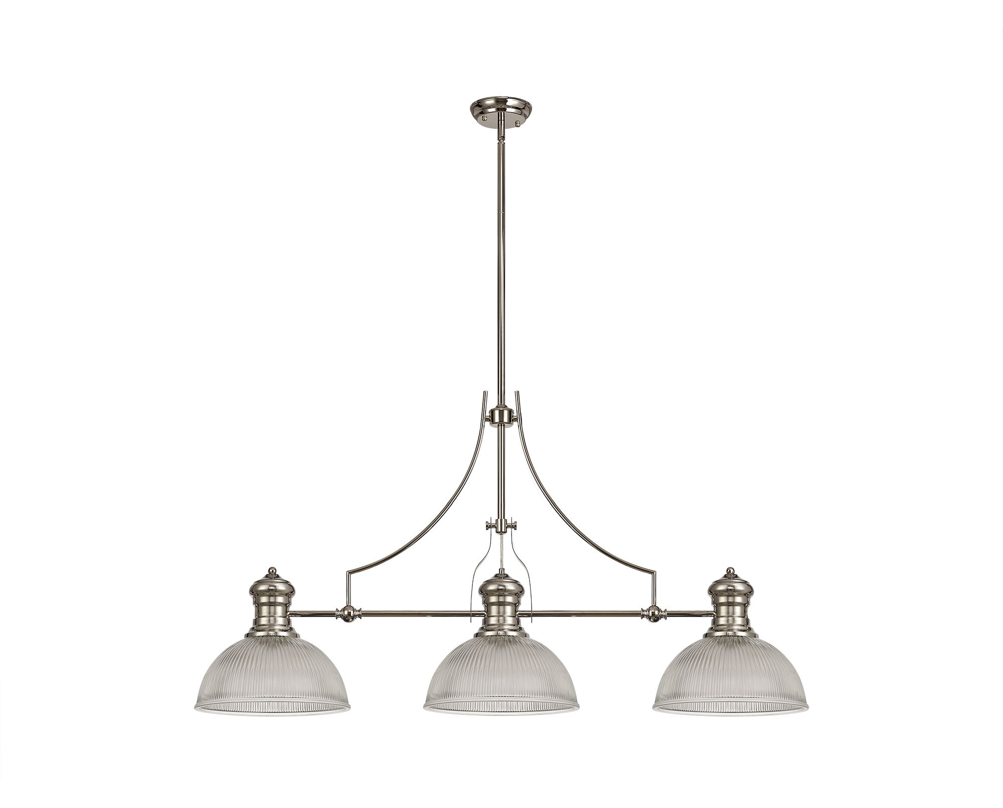 Davvid 3 Light Linear Multi Height Pendant E27 With 30cm Dome Glass Shade, Polished Nickel, Clear