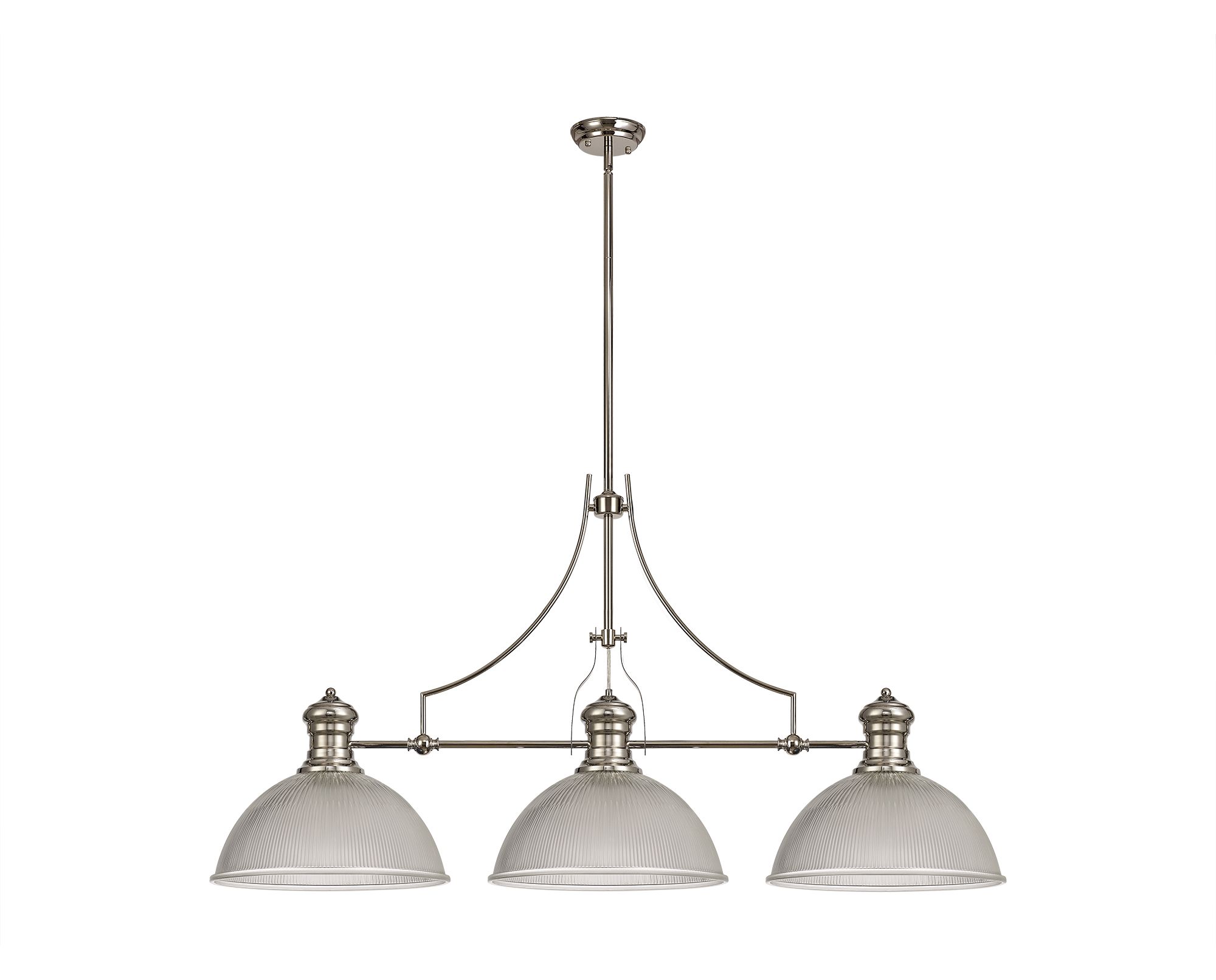 Davvid 3 Light Linear Multi Height Pendant E27 With 38cm Dome Glass Shade, Polished Nickel, Clear