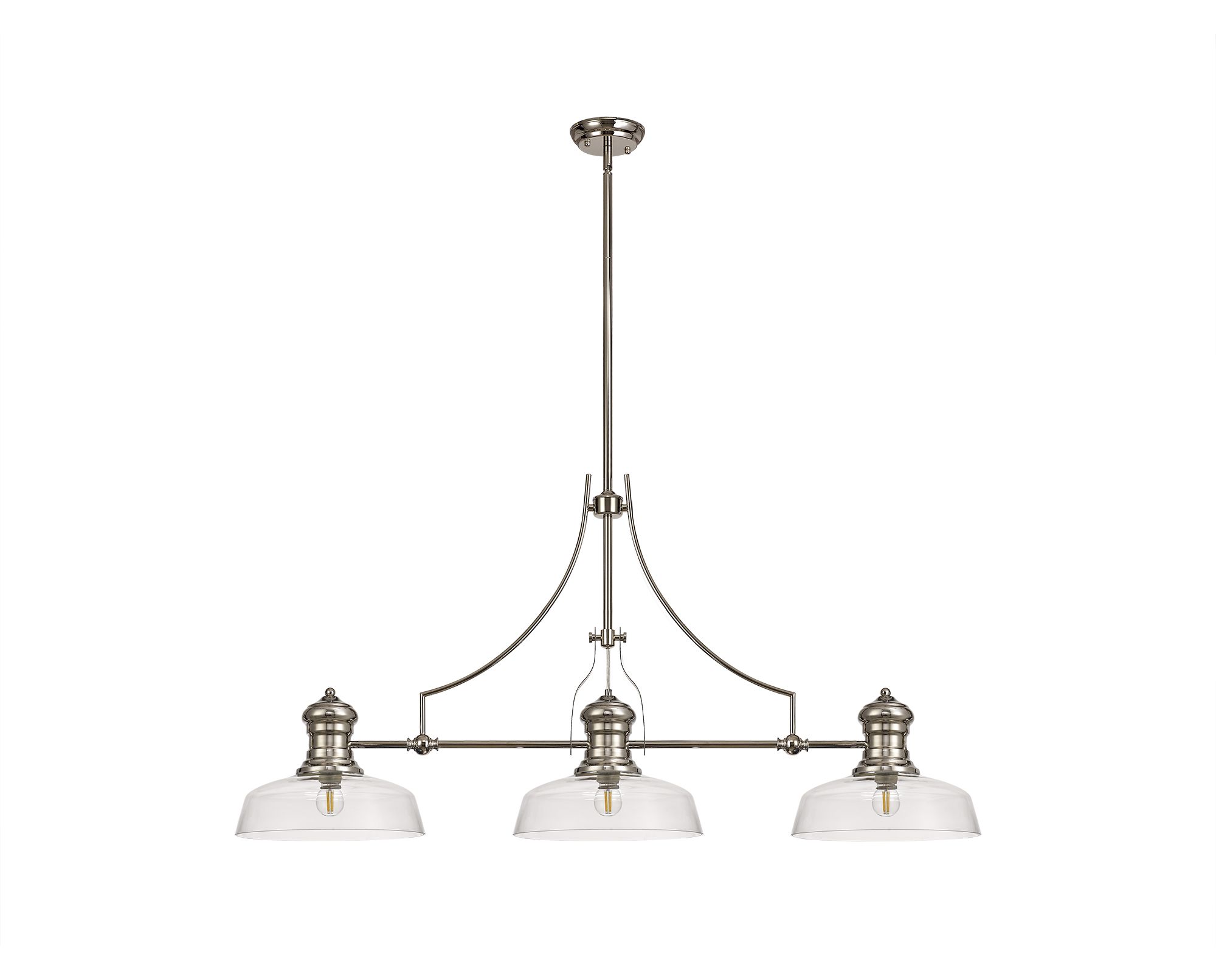 Davvid 3 Light Linear Multi Height Pendant E27 With 30cm Flat Round Glass Shade, Polished Nickel, Clear