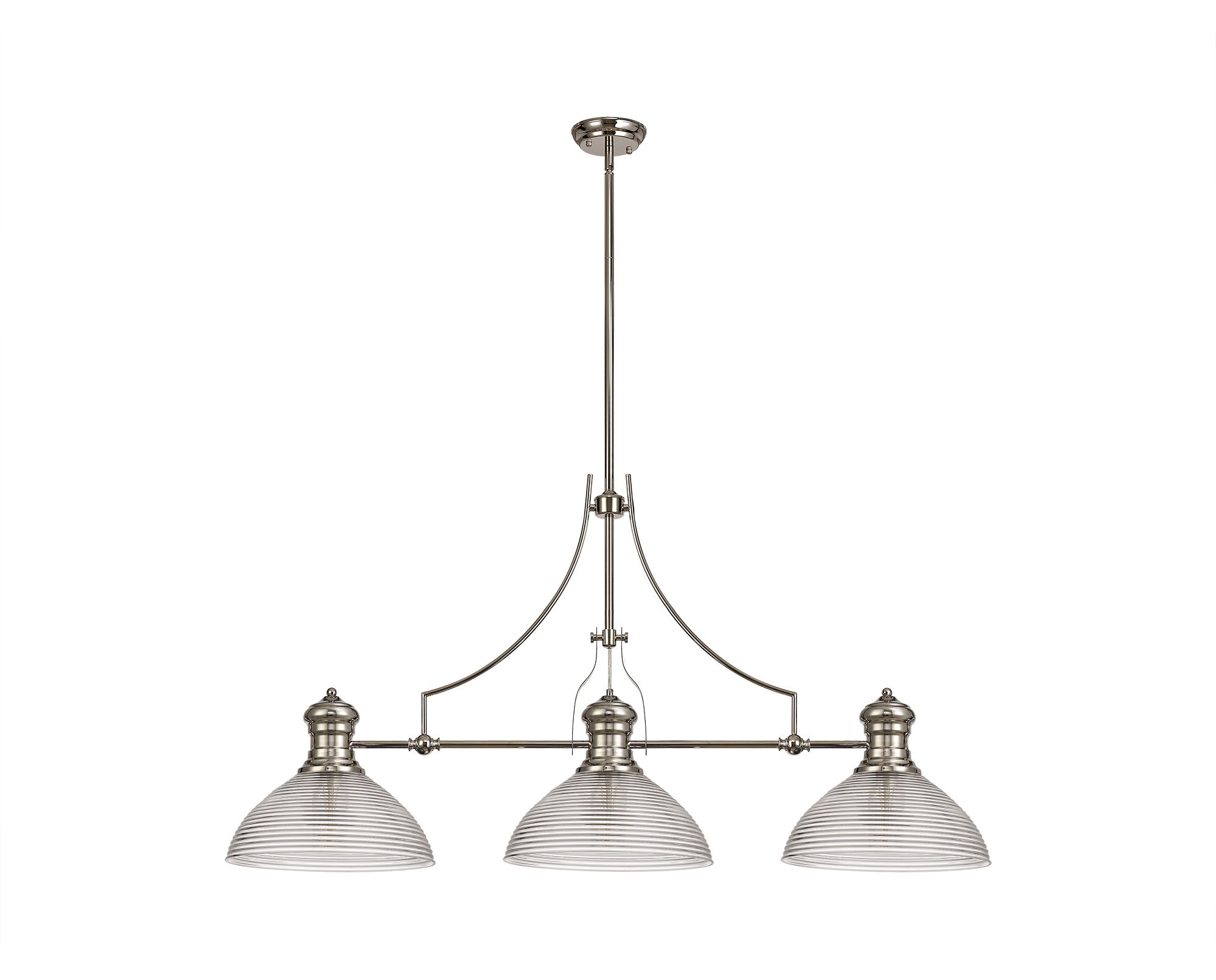 Davvid 3 Light Linear Multi Height Pendant E27 With 33.5cm Prismatic Glass Shade, Polished Nickel, Clear