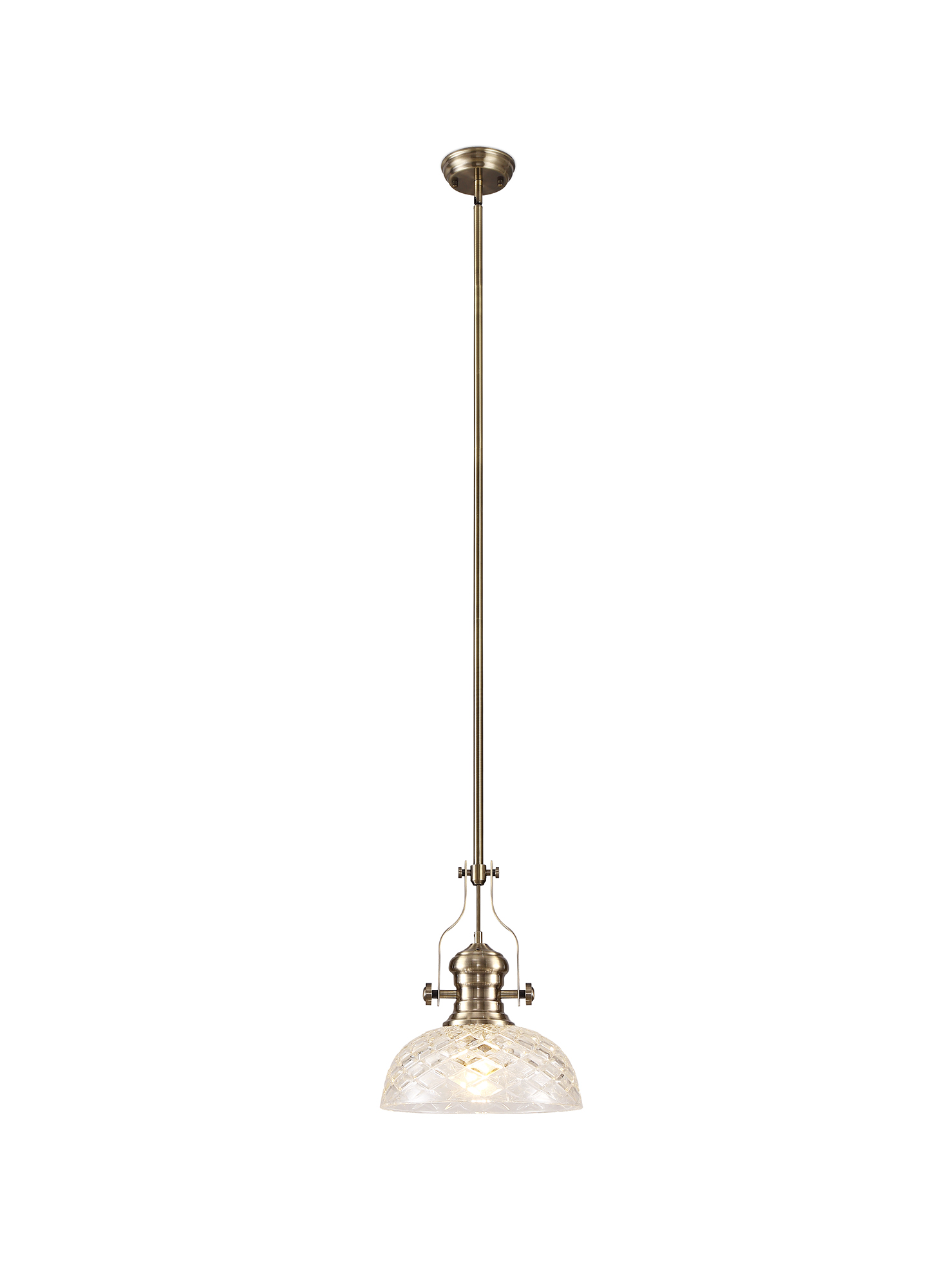 Davvid Multi Height Pendant With 30cm Flat Round Patterned Shade, 1 x E27, Antique Brass/Clear Glass