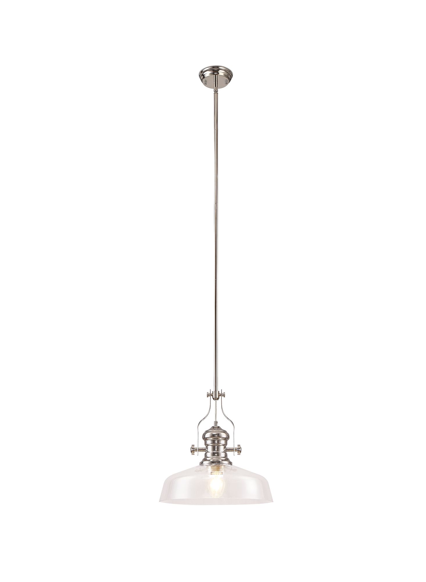 Davvid Multi Height Pendant With 38cm Flat Round Shade, 1 x E27, Polished Nickel/Clear Glass