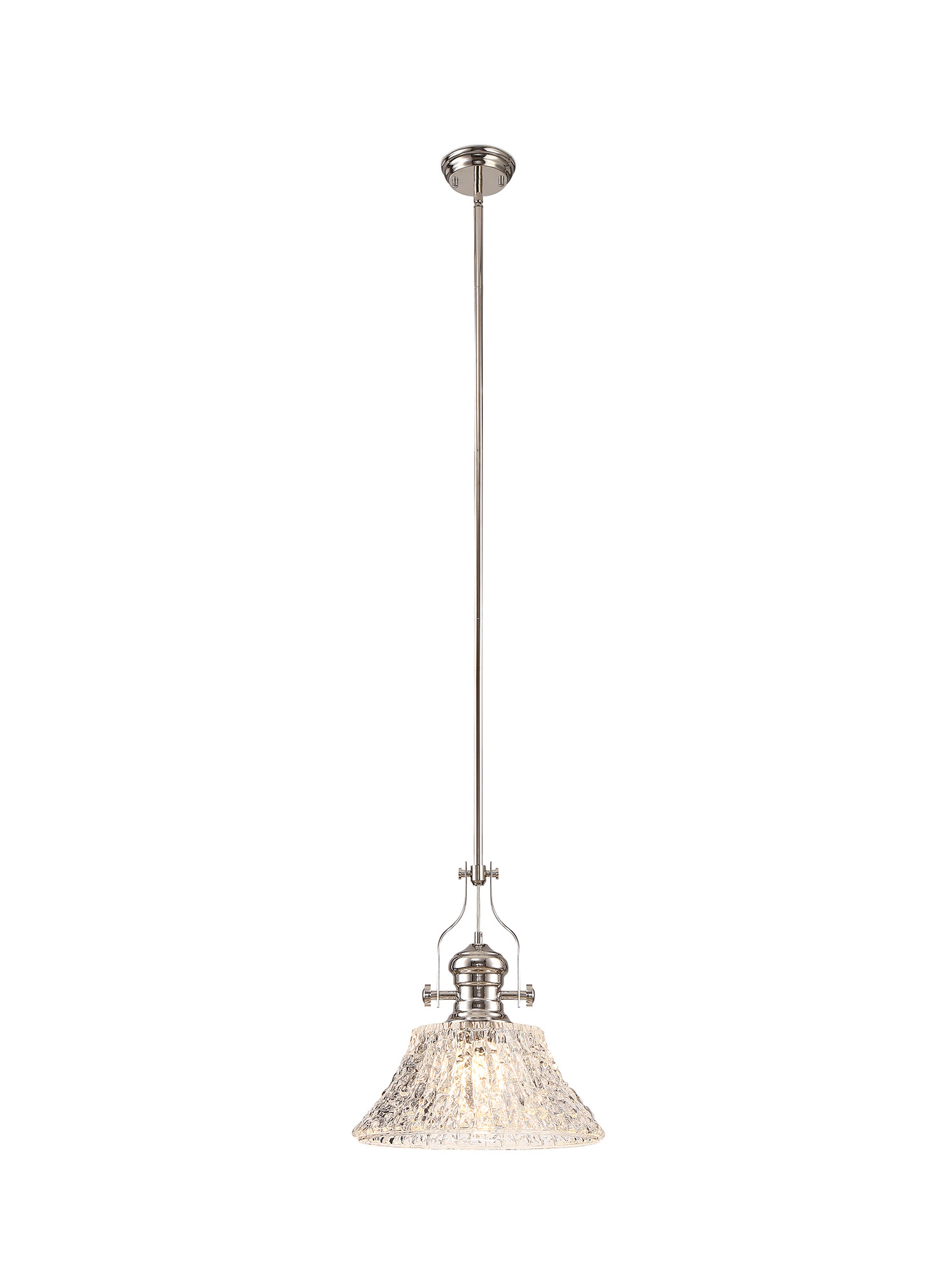 Davvid Multi Height Pendant With 38cm Patterned Round Shade, 1 x E27, Polished Nickel/Clear Glass Item Weight: 6.5kg