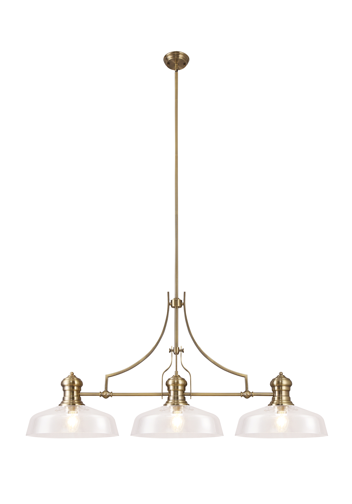 Davvid Linear Multi Height Pendant With 38cm Flat Round Shade, 3 x E27, Antique Brass/Clear Glass