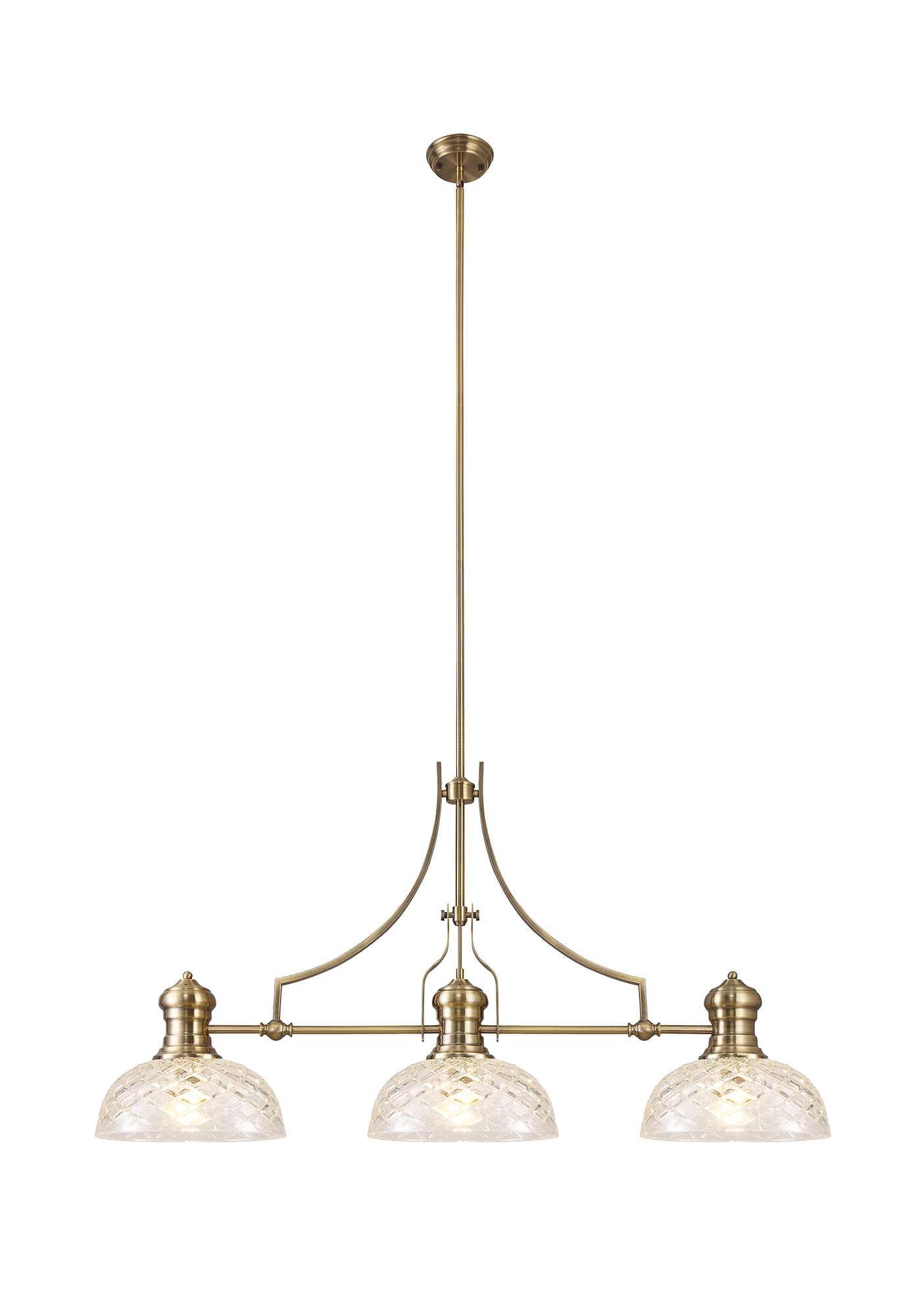 Davvid Linear Multi Height Pendant With 30cm Flat Round Patterned Shade, 3 x E27, Antique Brass/Clear Glass