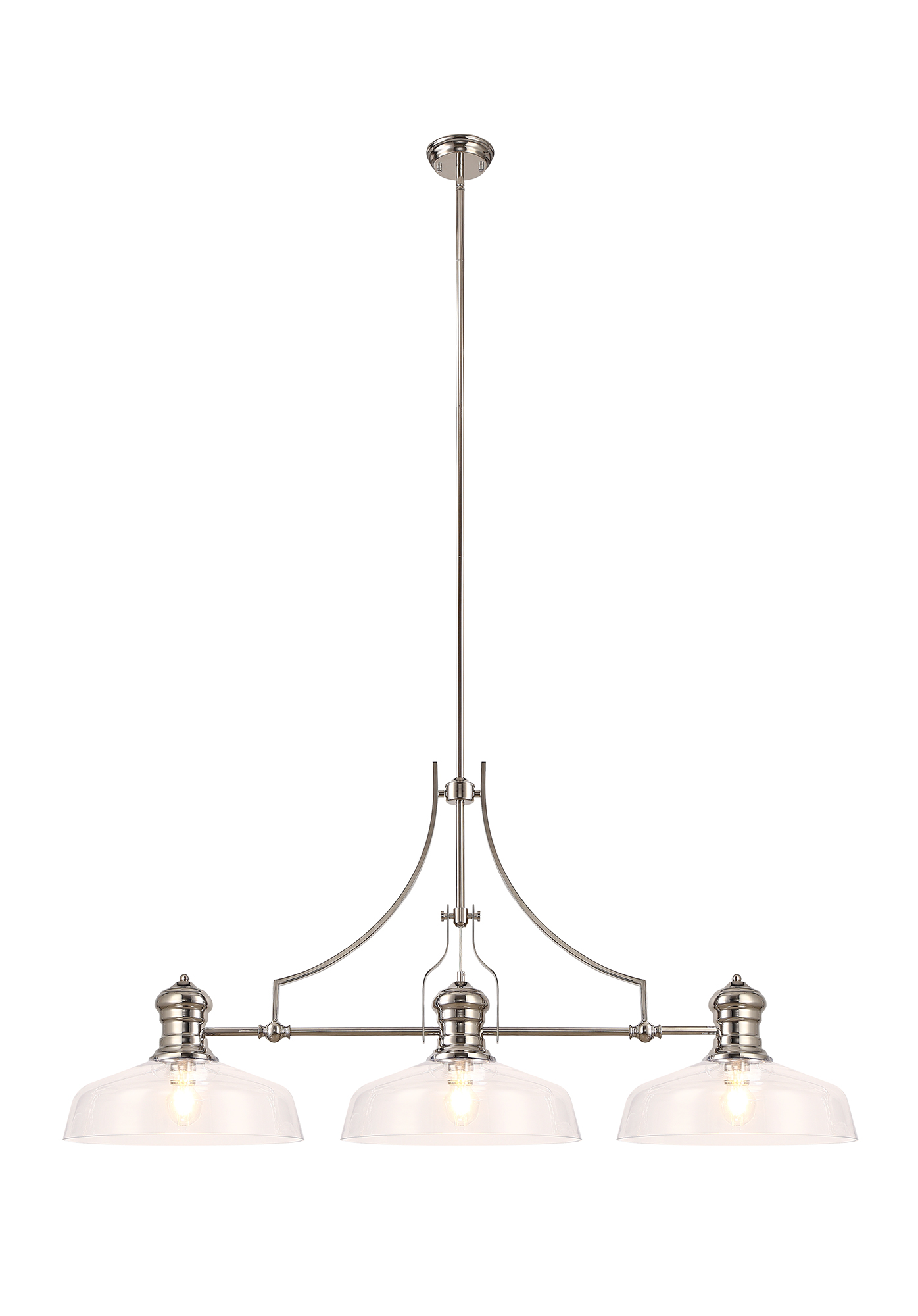 Davvid Linear Multi Height Pendant With 38cm Flat Round Shade, 3 x E27, Polished Nickel/Clear Glass
