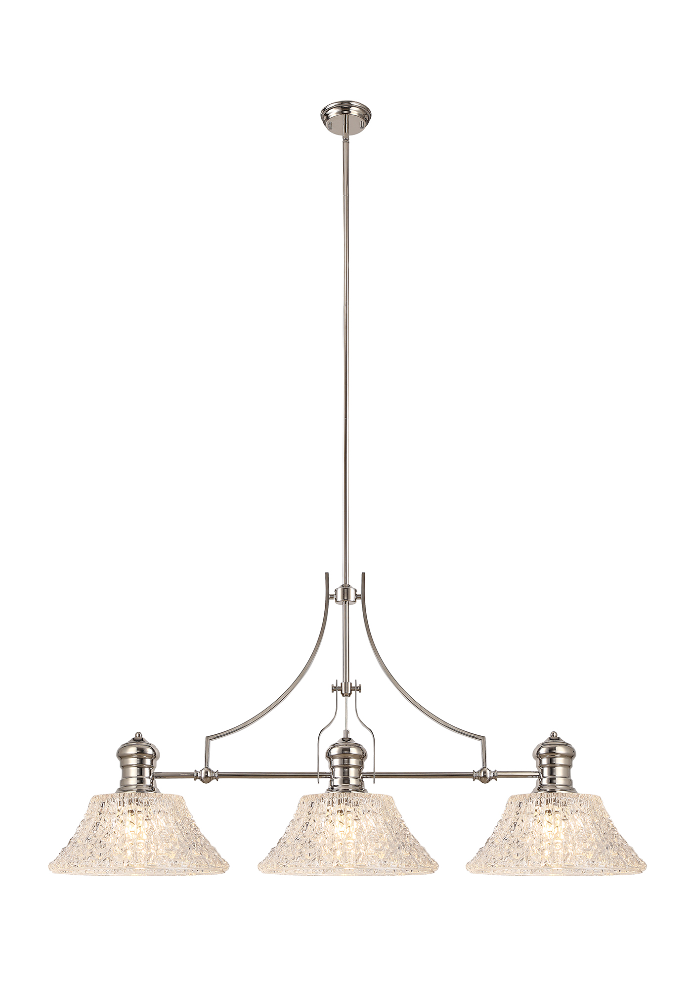 Davvid Linear Multi Height Pendant With 38cm Patterned Round Shade, 3 x E27, Polished Nickel/Clear Glass Item Weight: 19.1kg