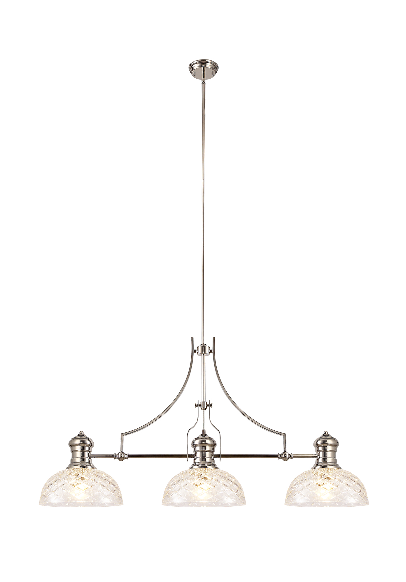 Davvid Linear Multi Height Pendant With 30cm Flat Round Patterned Shade, 3 x E27, Polished Nickel/Clear Glass