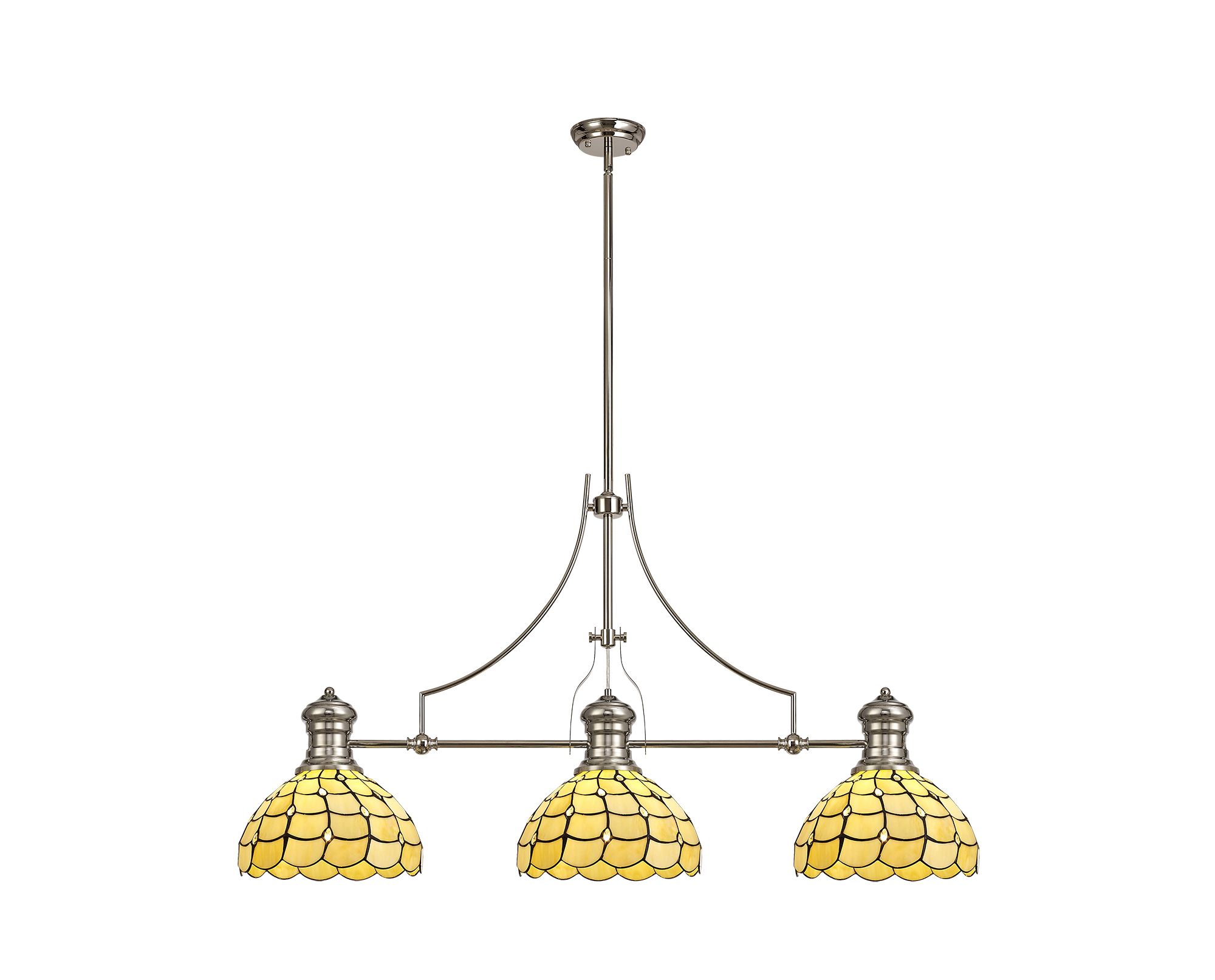 Florence 3 Light Linear Pendant E27 With 30cm Tiffany Shade, Polished Nickel, Beige, Clear Crystal
