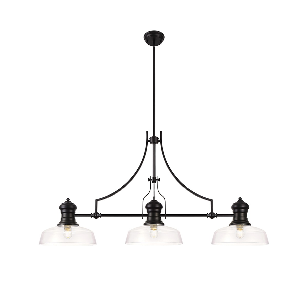 Davvid 3 Light Linear Multi Height Pendant E27 With 30cm Flat Round Glass Shade, Matt Black, Clear