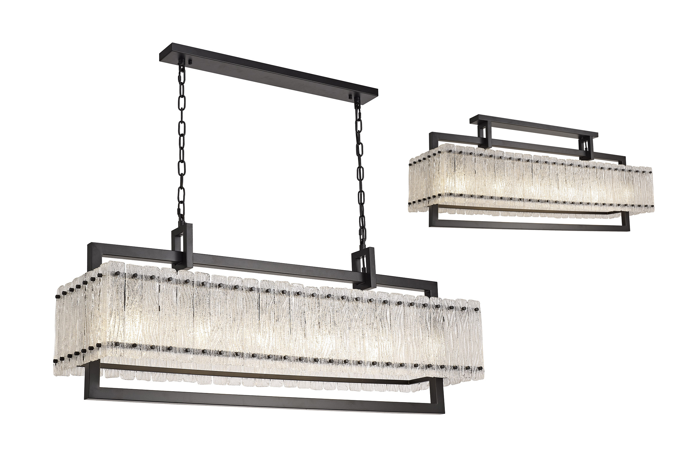 Eagle Large Linear Pendant, 12 Light E27, Matt Black/Crystal Sand Glass Item Weight: 20.2kg