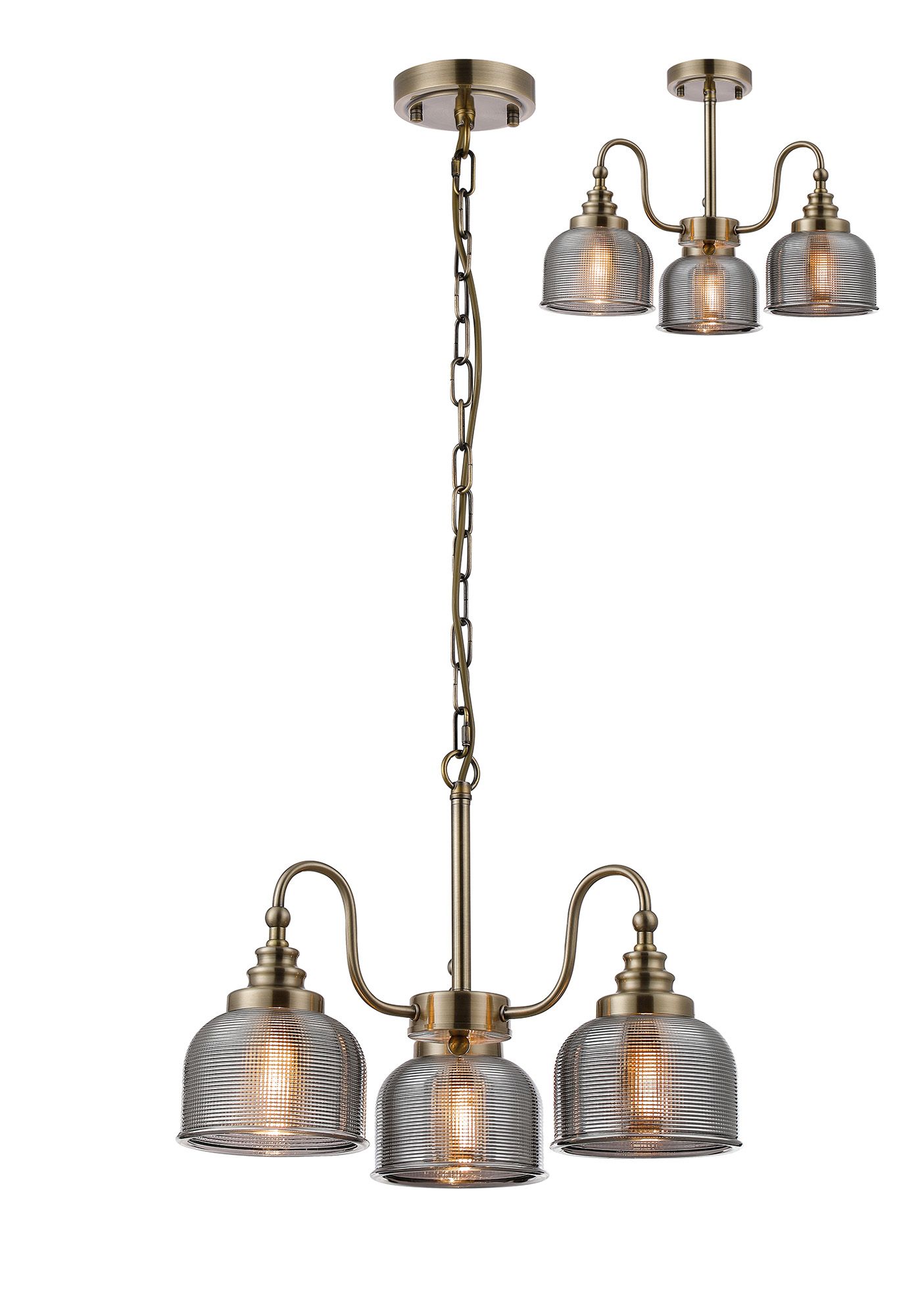 Elisha 47cm Semi Flush/Pendant, 3 Light E27, Antique Brass/Smoke Glass